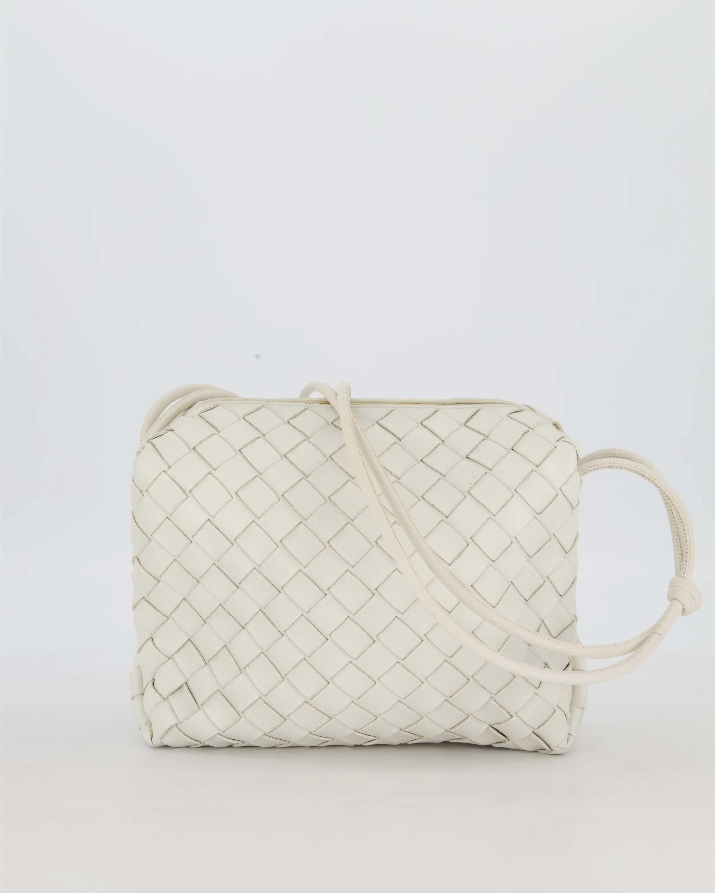 Bottega Veneta White Medium Loop Intrecciato Camera Bag in Lambskin Leather with Gold Hardware