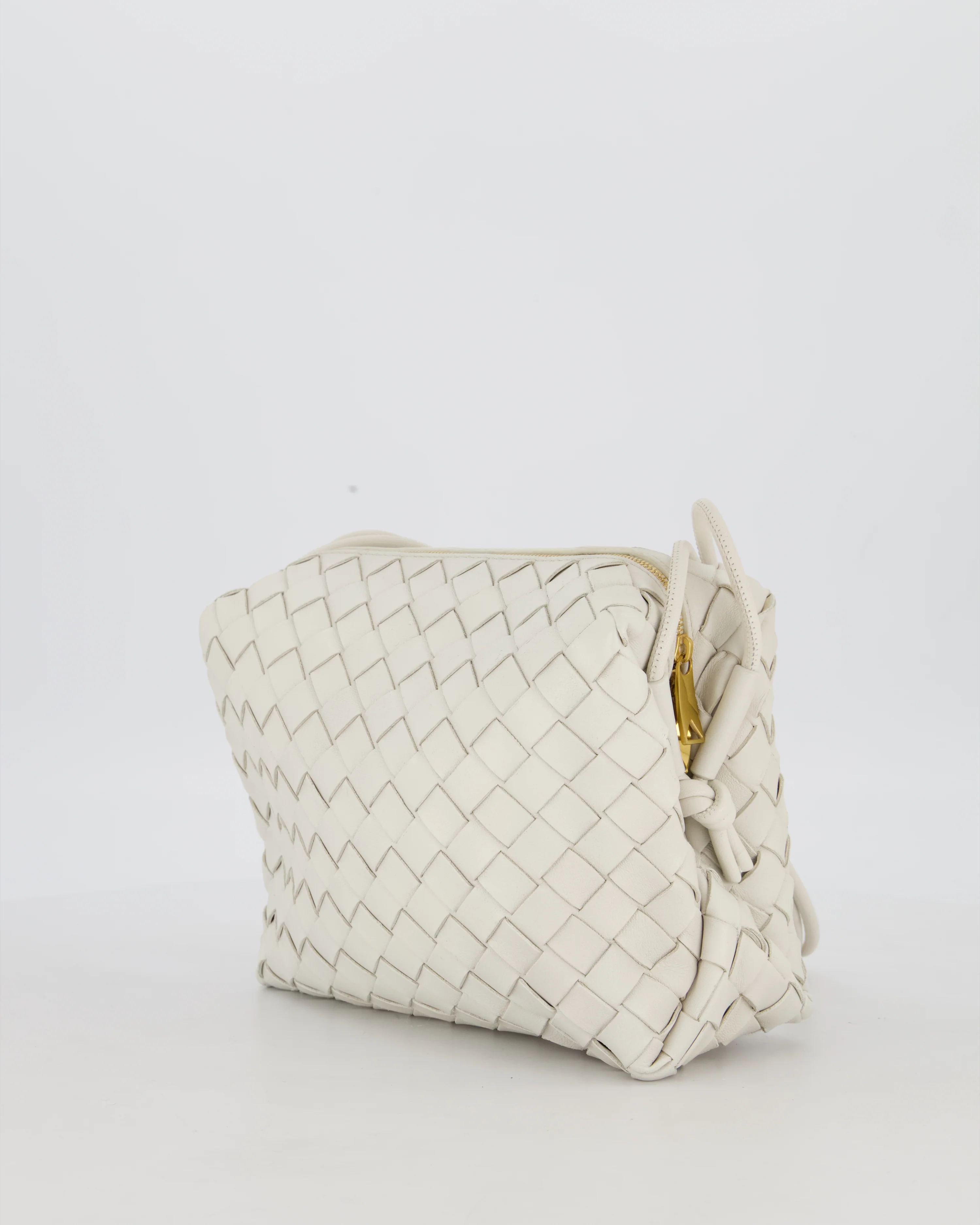 Bottega Veneta White Medium Loop Intrecciato Camera Bag in Lambskin Leather with Gold Hardware - Image 9