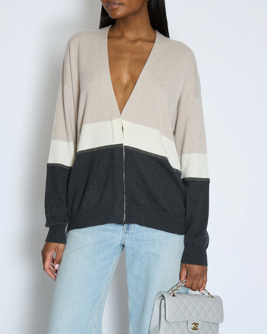 Brunello Cucinelli Taupe, White, and Grey Colour Block Cashmere Cardigan with Monili Trim Detail Size XL (UK 14)