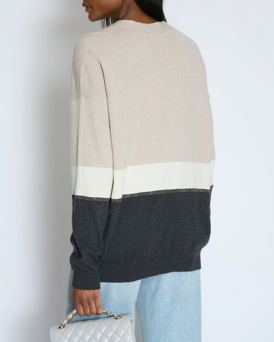 Brunello Cucinelli Taupe, White, and Grey Colour Block Cashmere Cardigan with Monili Trim Detail Size XL (UK 14) - Image 2
