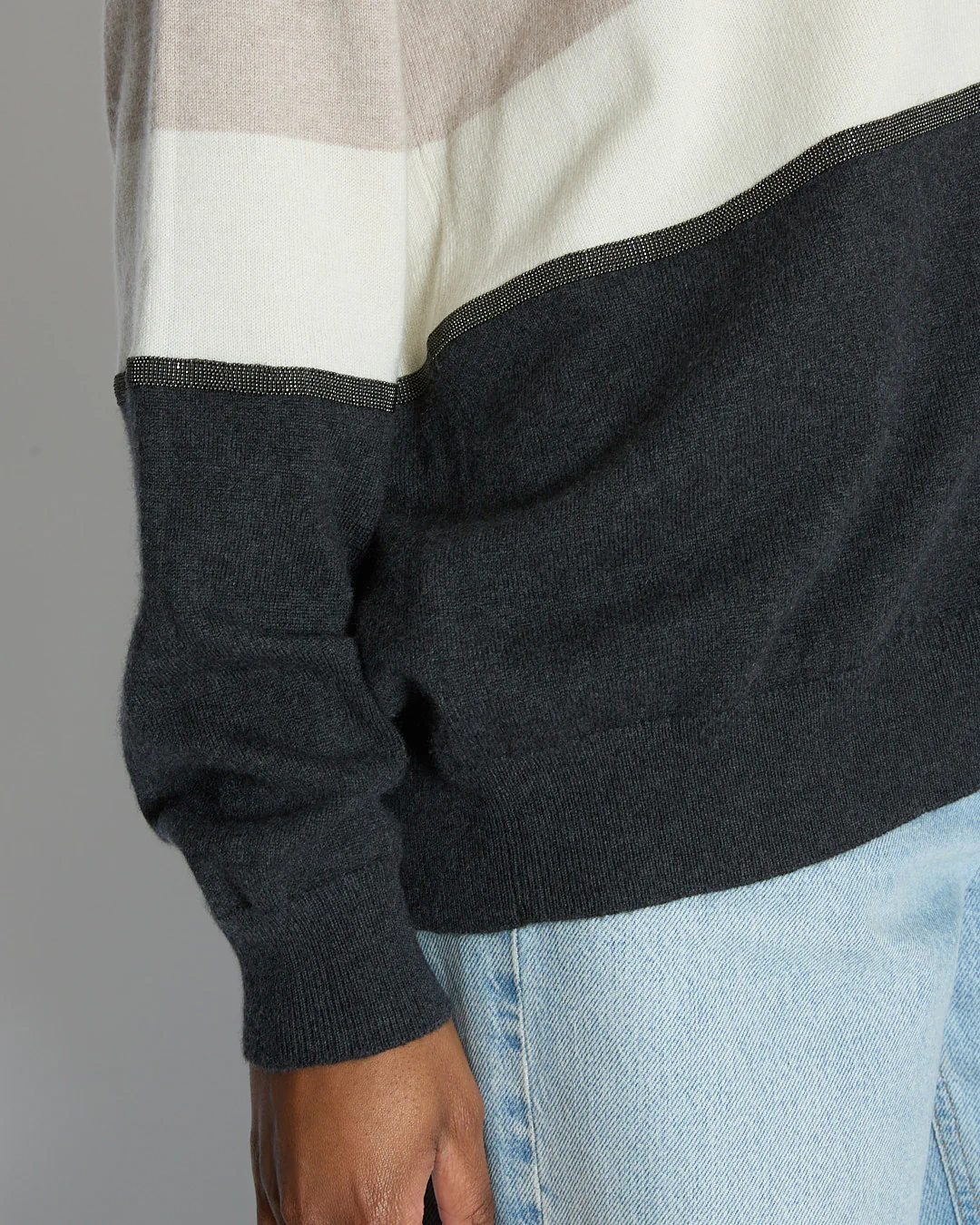 Brunello Cucinelli Taupe, White, and Grey Colour Block Cashmere Cardigan with Monili Trim Detail Size XL (UK 14) - Image 3