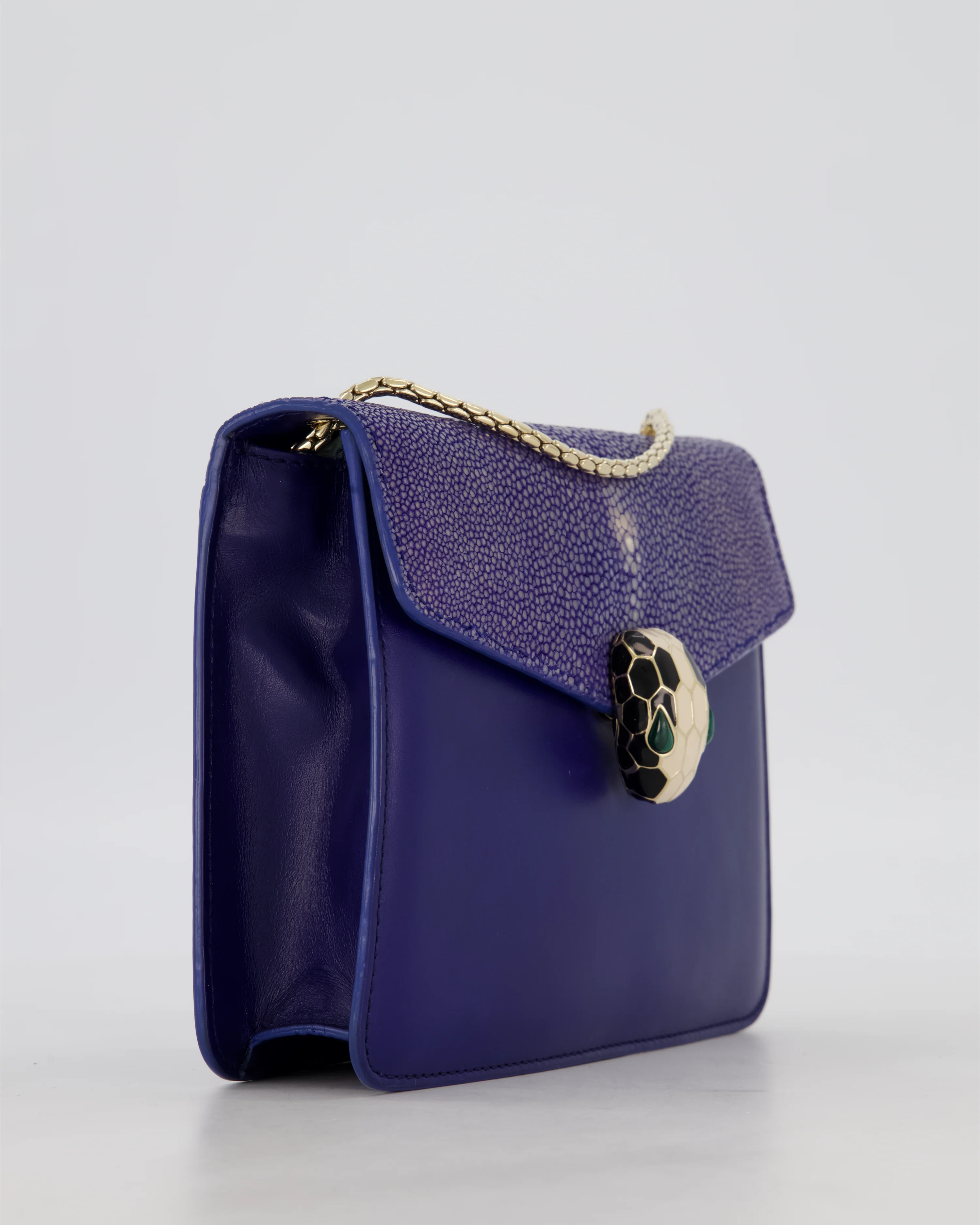 Bvlgari Blue Small Serpenti Forever Square Shoulder Bag In Calfskin Leather & Stingray with Champagne Gold Hardware - Image 10