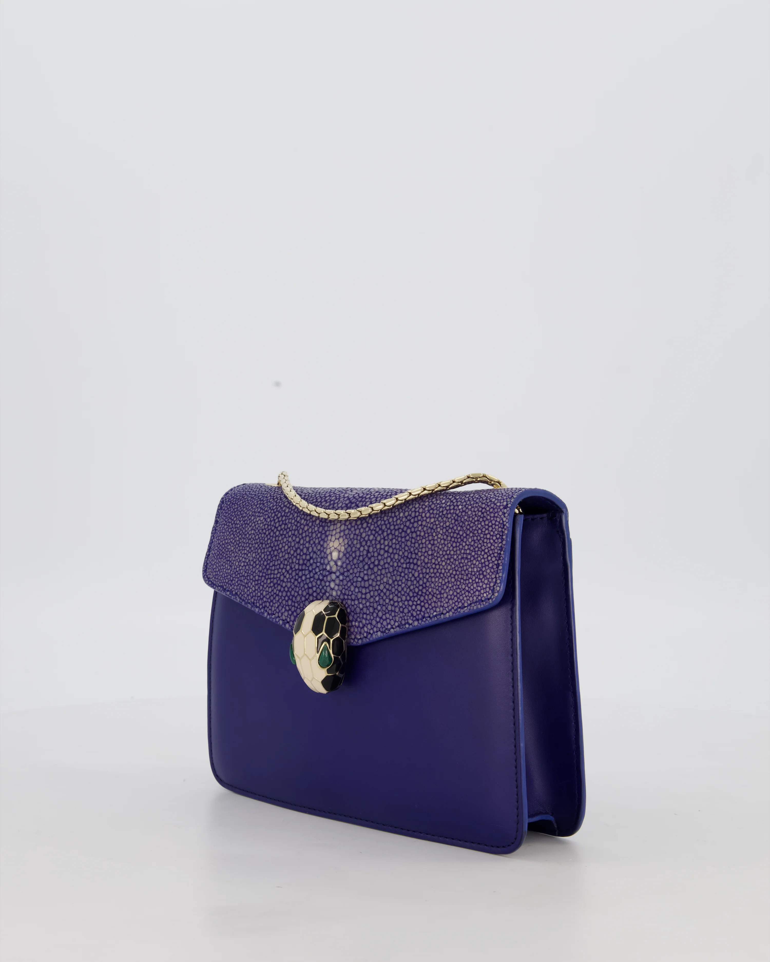 Bvlgari Blue Small Serpenti Forever Square Shoulder Bag In Calfskin Leather & Stingray with Champagne Gold Hardware - Image 9