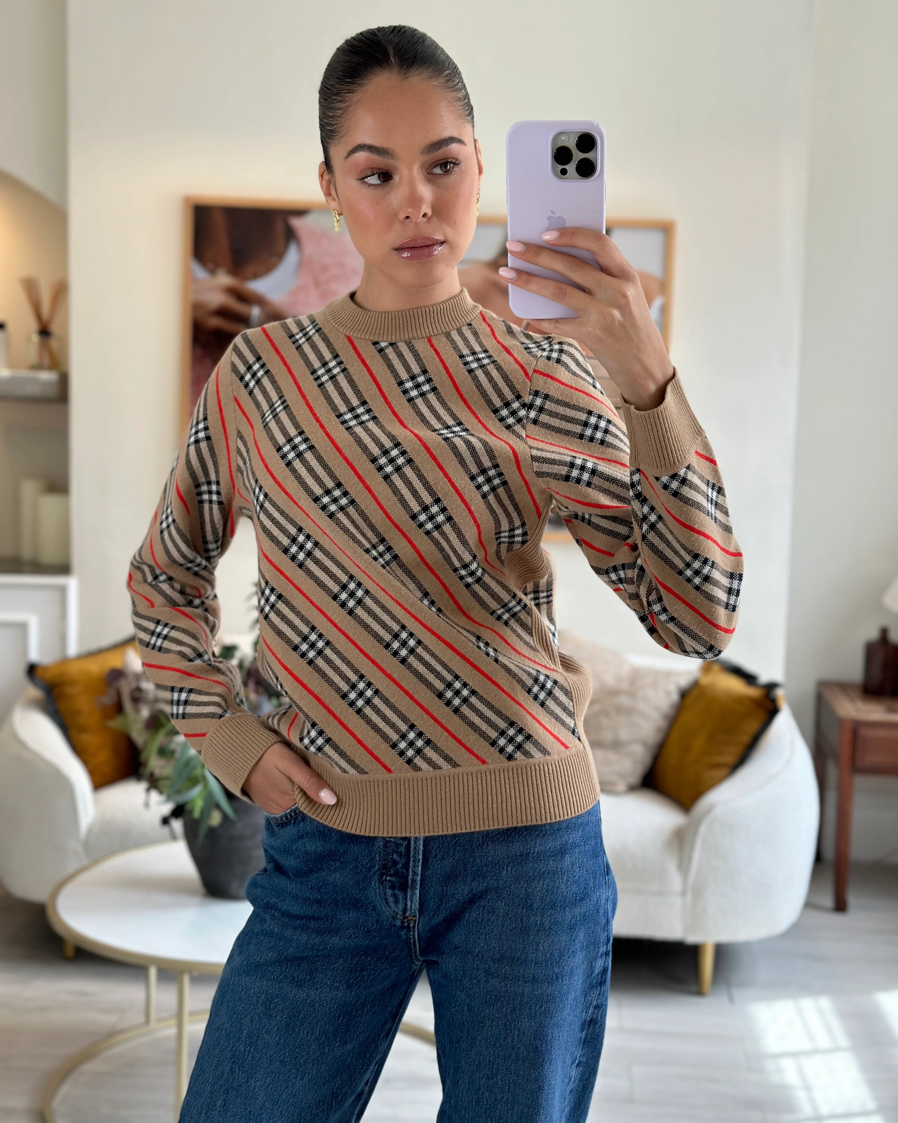 Burberry Camel Merino Wool Jumper with Black & Red Chequered Print Size XS (UK 6) - Image 5