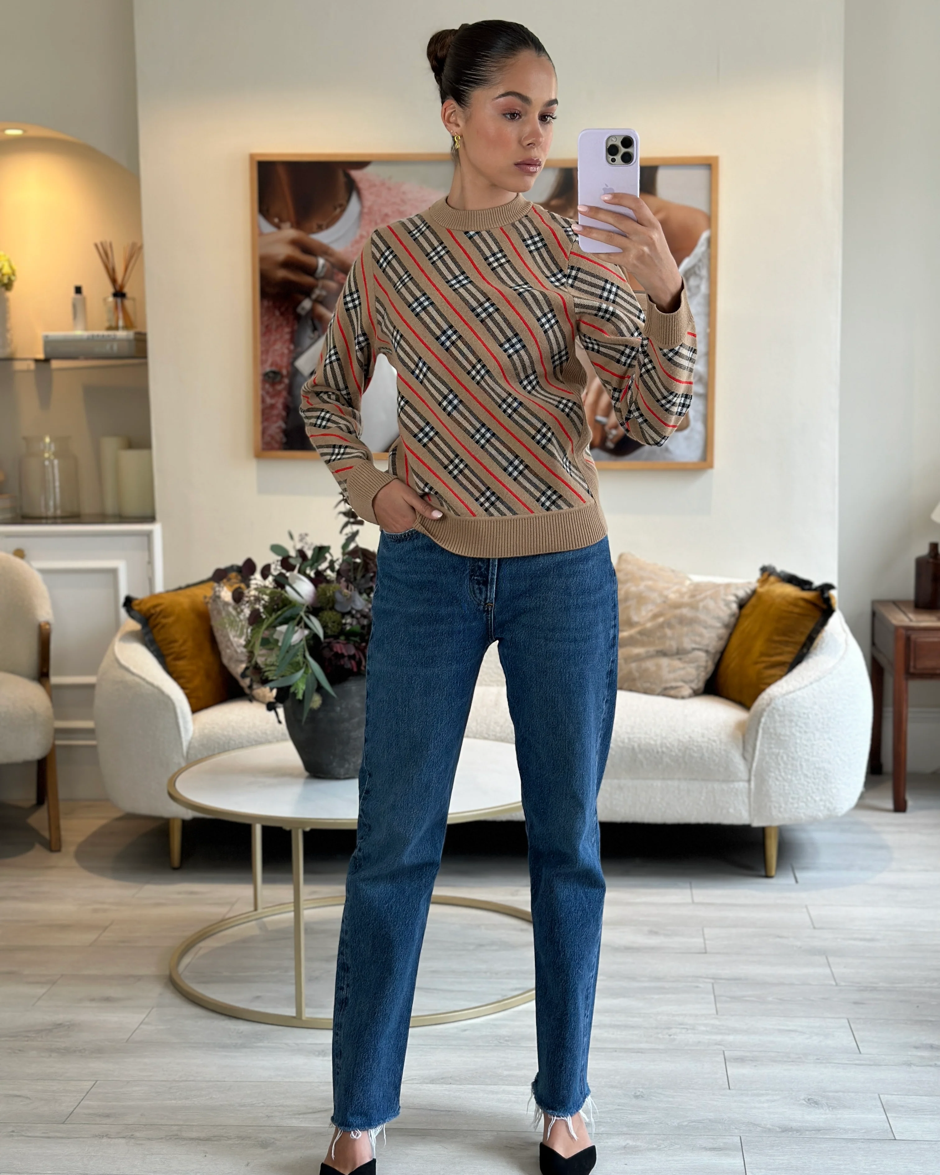 Burberry Camel Merino Wool Jumper with Black & Red Chequered Print Size XS (UK 6) - Image 6