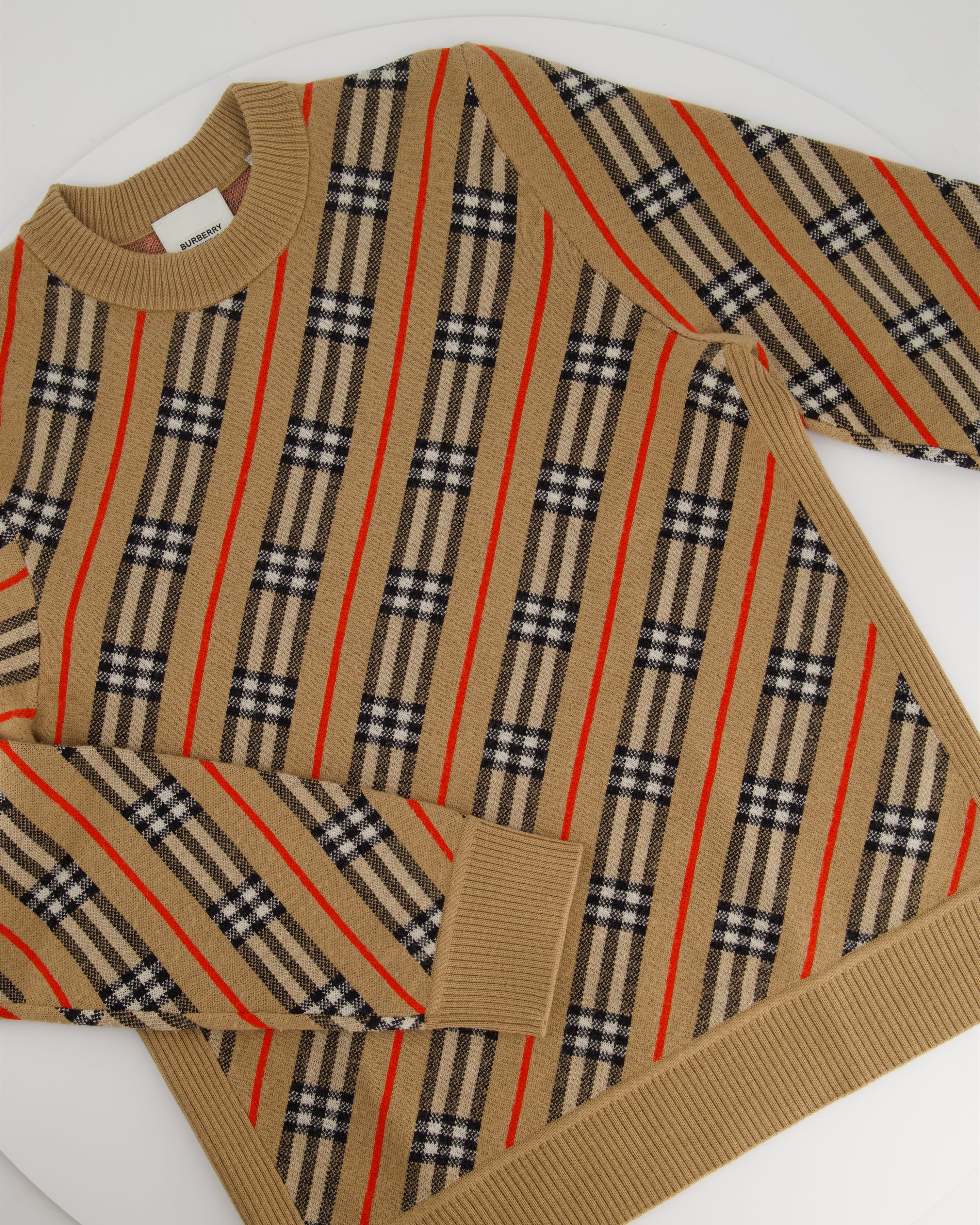 Burberry Camel Merino Wool Jumper with Black & Red Chequered Print Size XS (UK 6) - Image 7