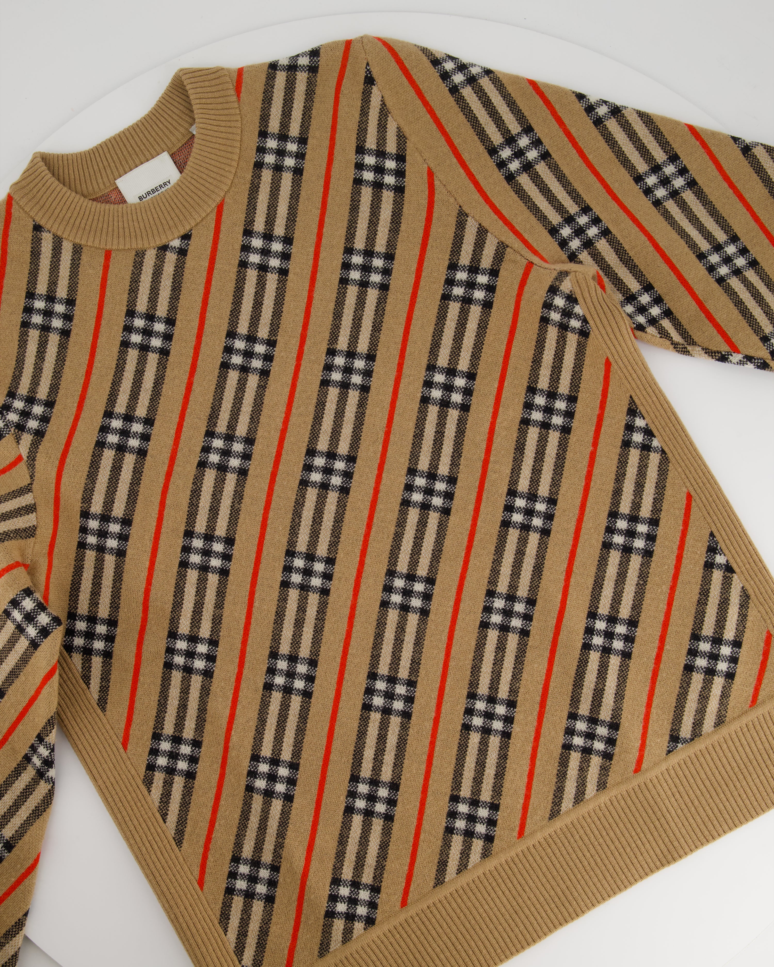 Burberry Camel Merino Wool Jumper with Black & Red Chequered Print Size XS (UK 6) - Image 8