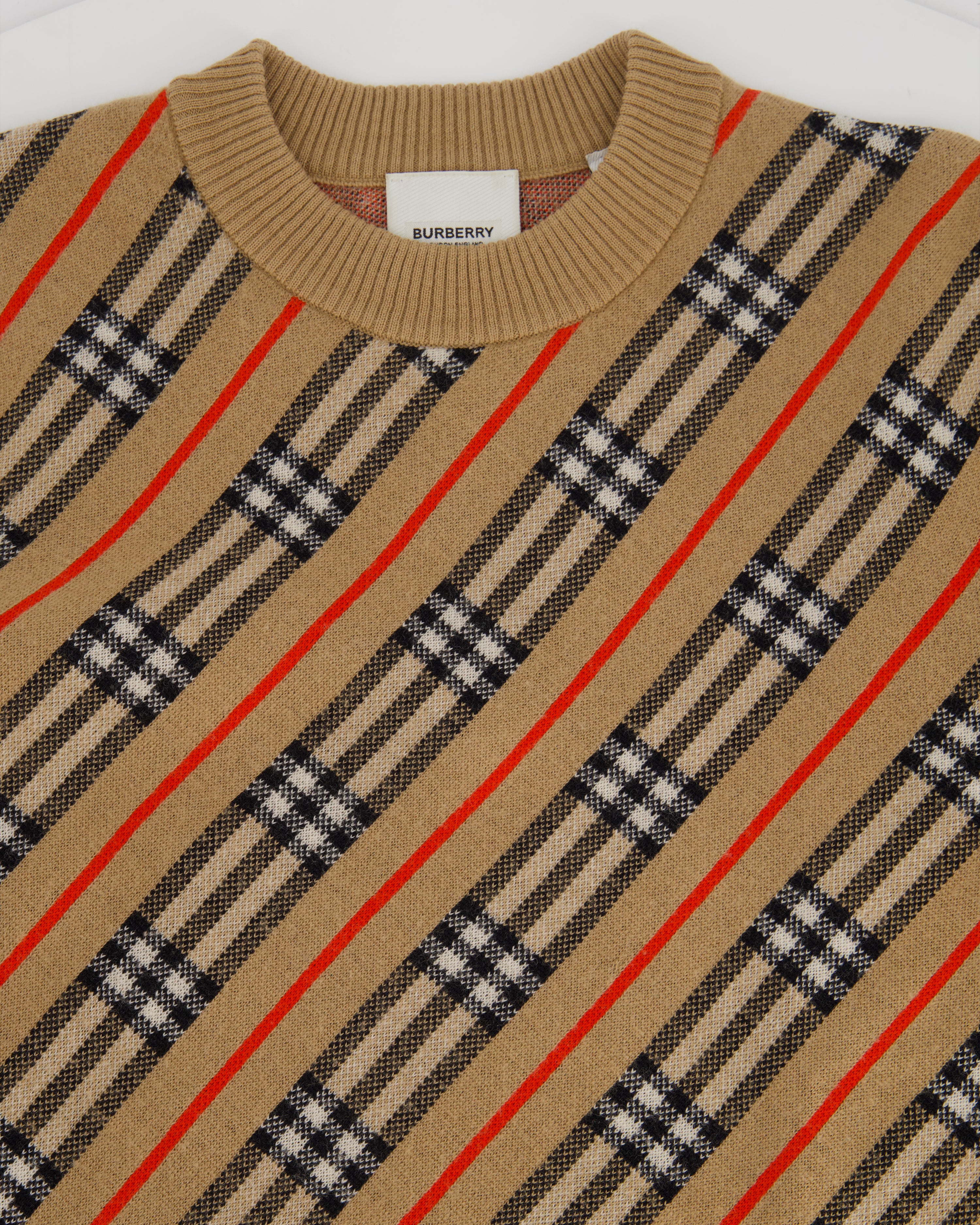 Burberry Camel Merino Wool Jumper with Black & Red Chequered Print Size XS (UK 6) - Image 9
