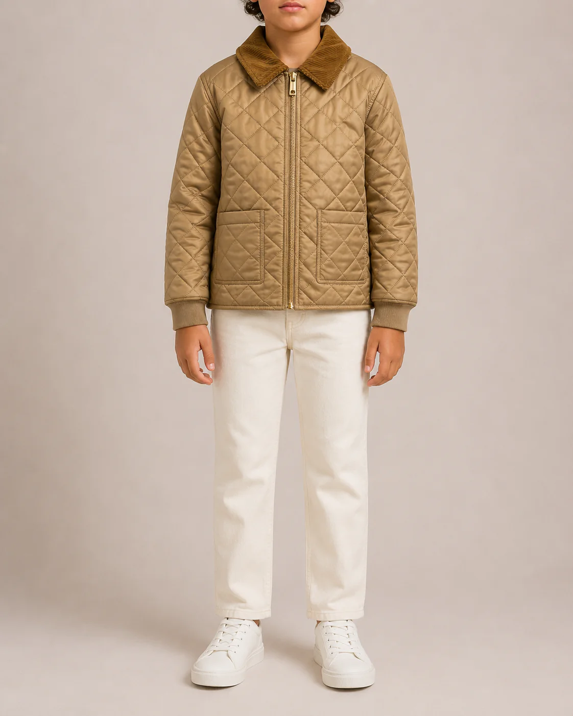 Burberry Kids Beige Matelasse Barn Jacket with Velours Cotele Collar Size 8 years RRP £420 