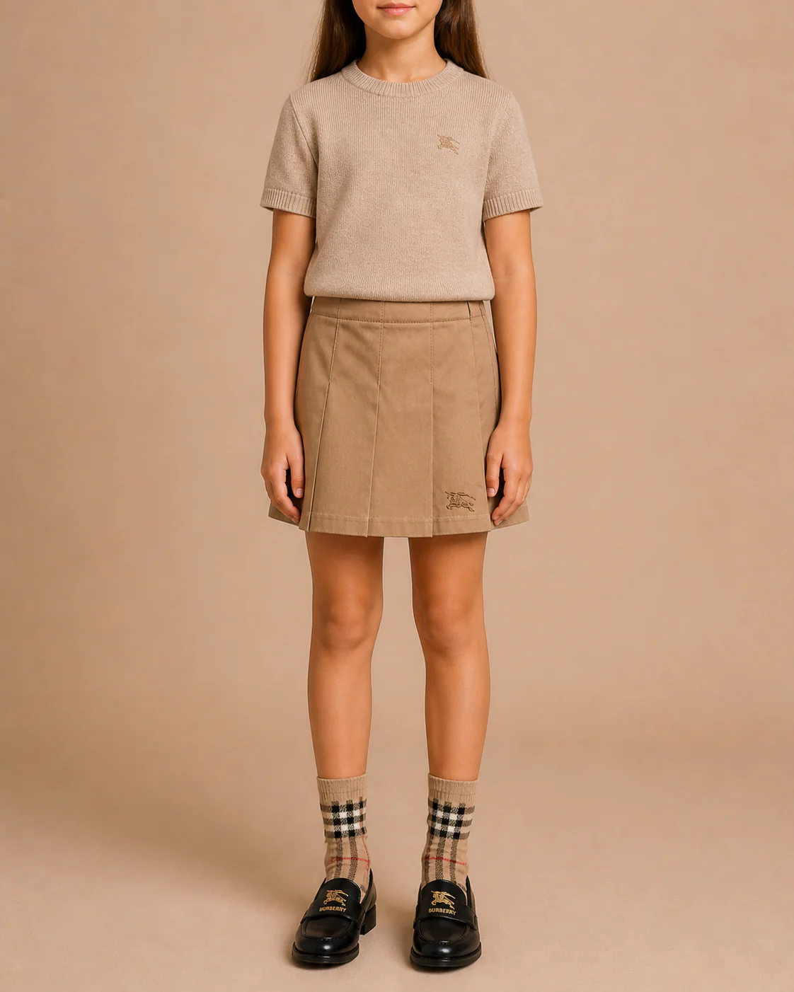 Burberry Kids Beige Pleated Skirt with Logo Detail Size 8 years