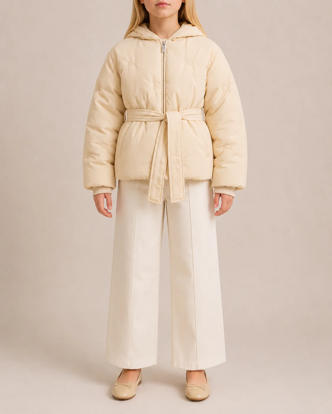 Burberry Kids Cream Puffer Jacket with Embroidered Logos and Belt Size 8 years RRP £650