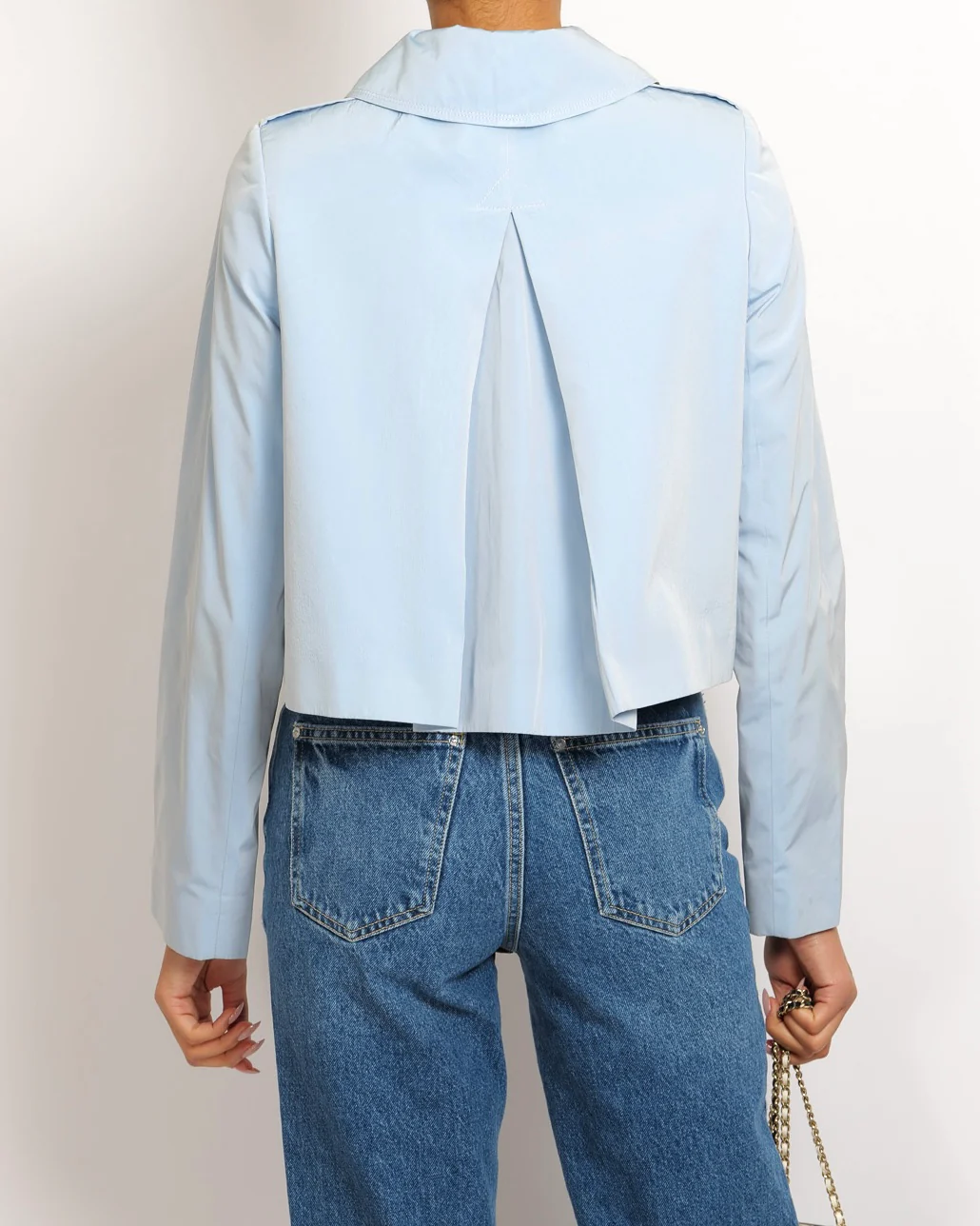 Burberry Light Blue Cropped Jacket with Gold Logo Buttons Detail Size UK 8 - Image 3