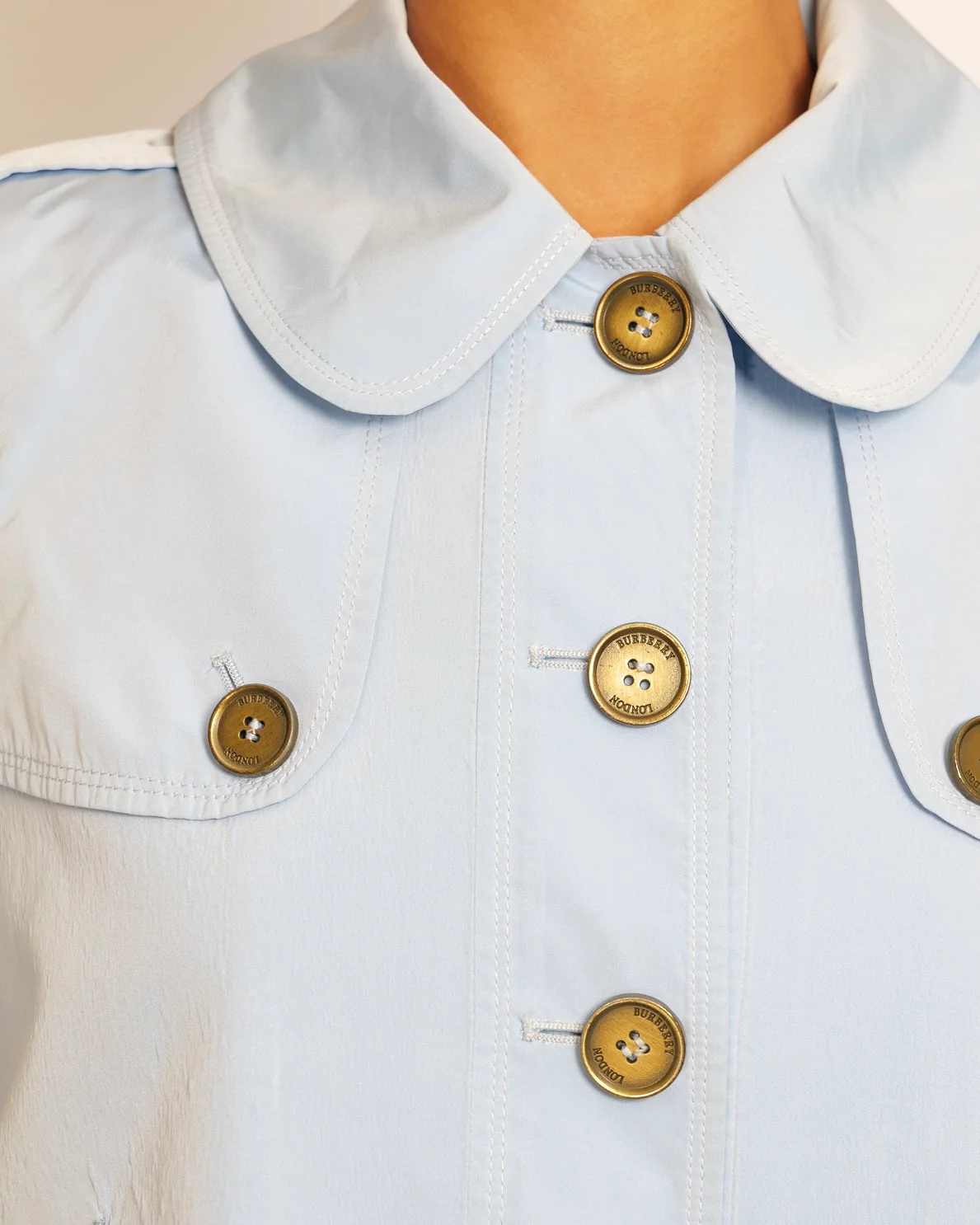 Burberry Light Blue Cropped Jacket with Gold Logo Buttons Detail Size UK 8 - Image 4