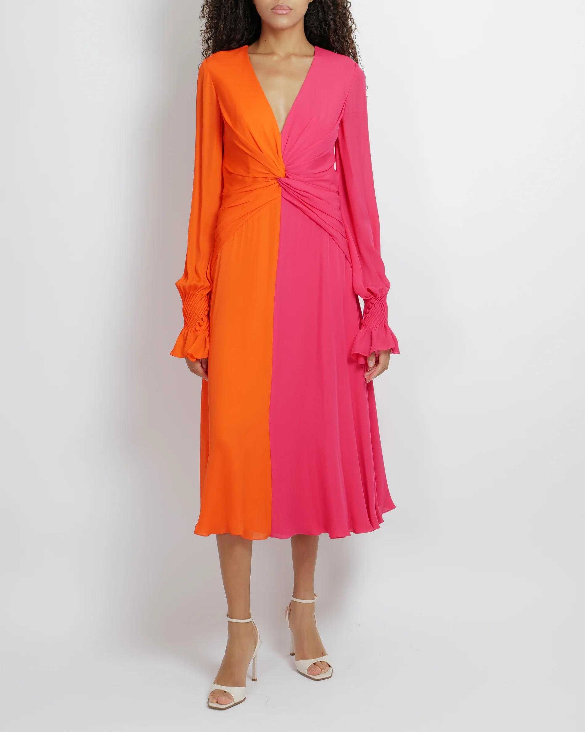 Carolina Herrera Hot Pink and Orange Silk Midi Dress with Front Knot Detail and Pleated Sleeves Size US 2 (UK 6) RRP £2,500