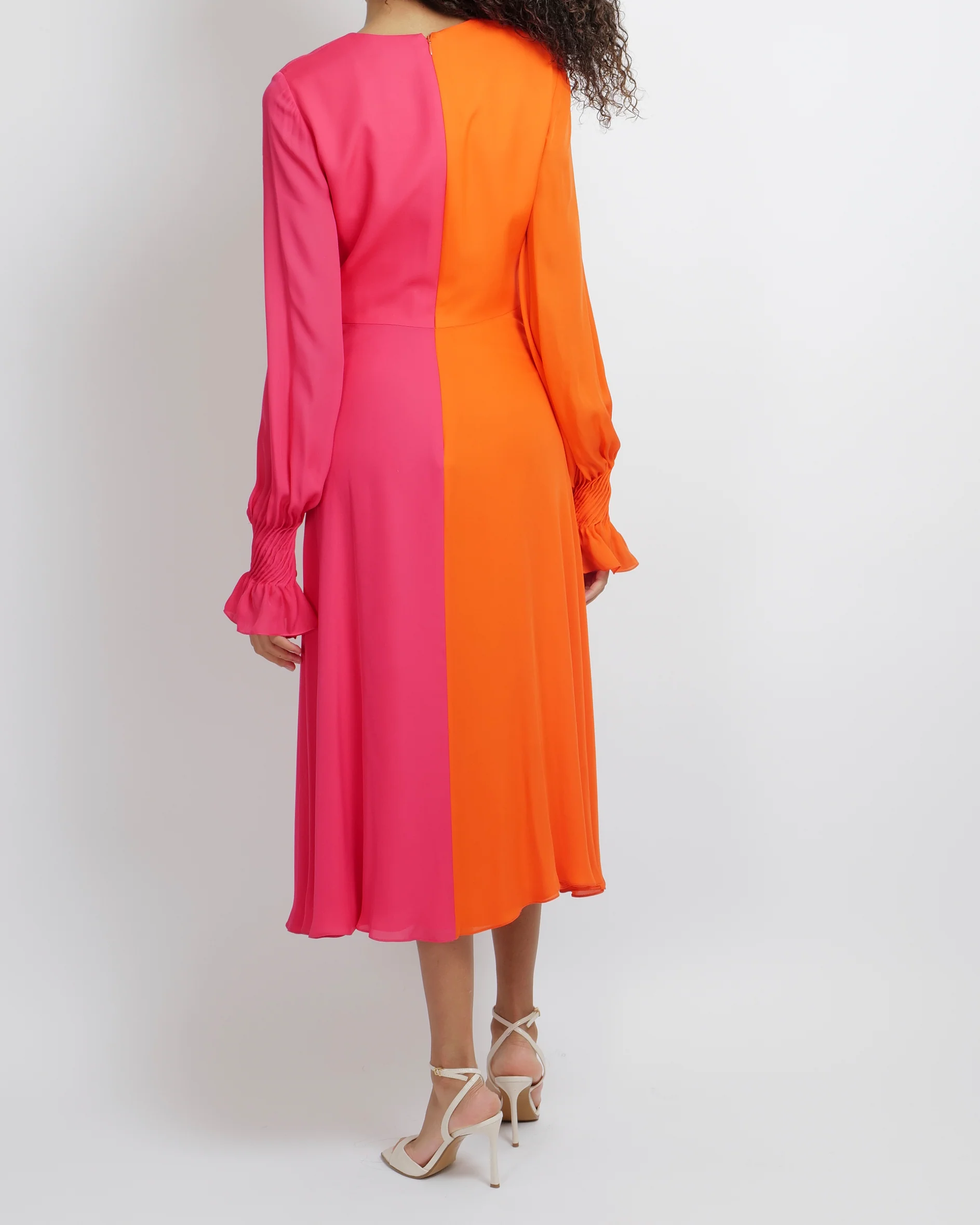 Carolina Herrera Hot Pink and Orange Silk Midi Dress with Front Knot Detail and Pleated Sleeves Size US 2 (UK 6) RRP £2,500 - Image 4