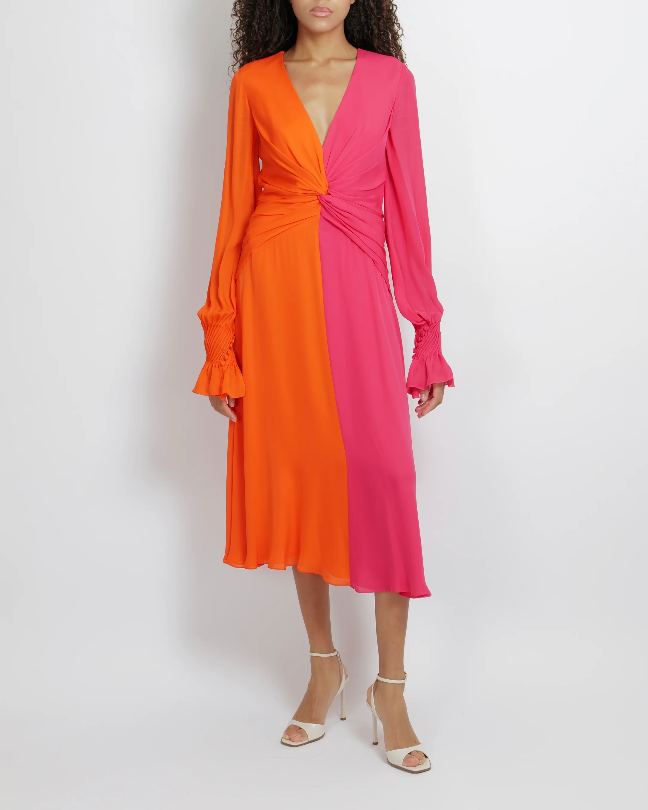 Carolina Herrera Hot Pink and Orange Silk Midi Dress with Front Knot Detail and Pleated Sleeves Size US 2 (UK 6) RRP £2,500 - Image 5