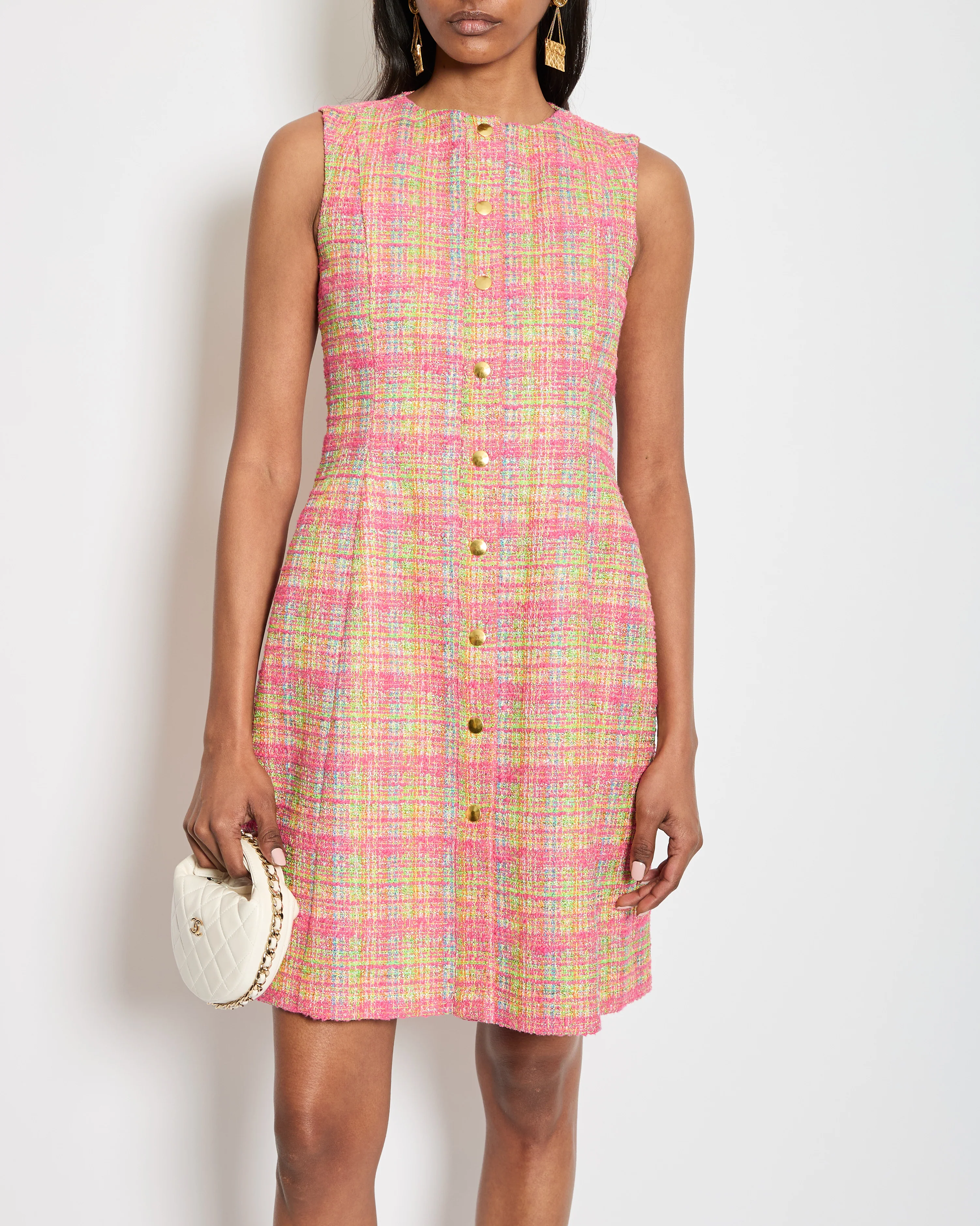 Carolina Herrera Pink & Multicolour Tweed Dress with Gold Buttons Size 0 (UK 4) RRP £1650 - Image 3