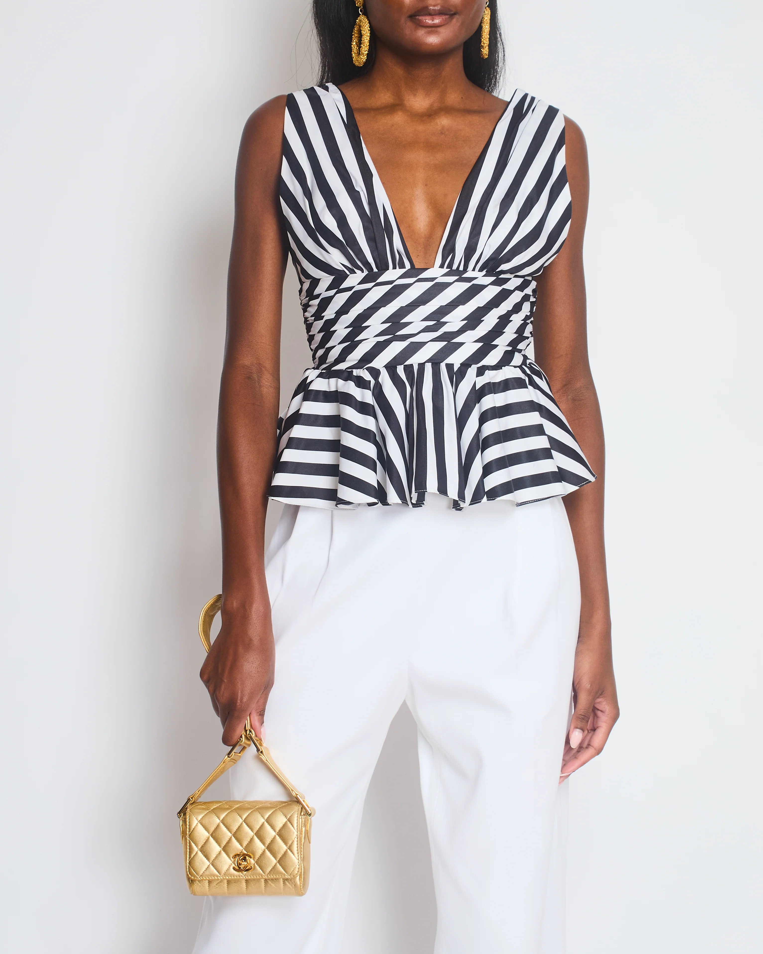 Caroline Constas Black and White Stripe V-Neck Cotton Top with Peplum Detail Size Small (UK 8)