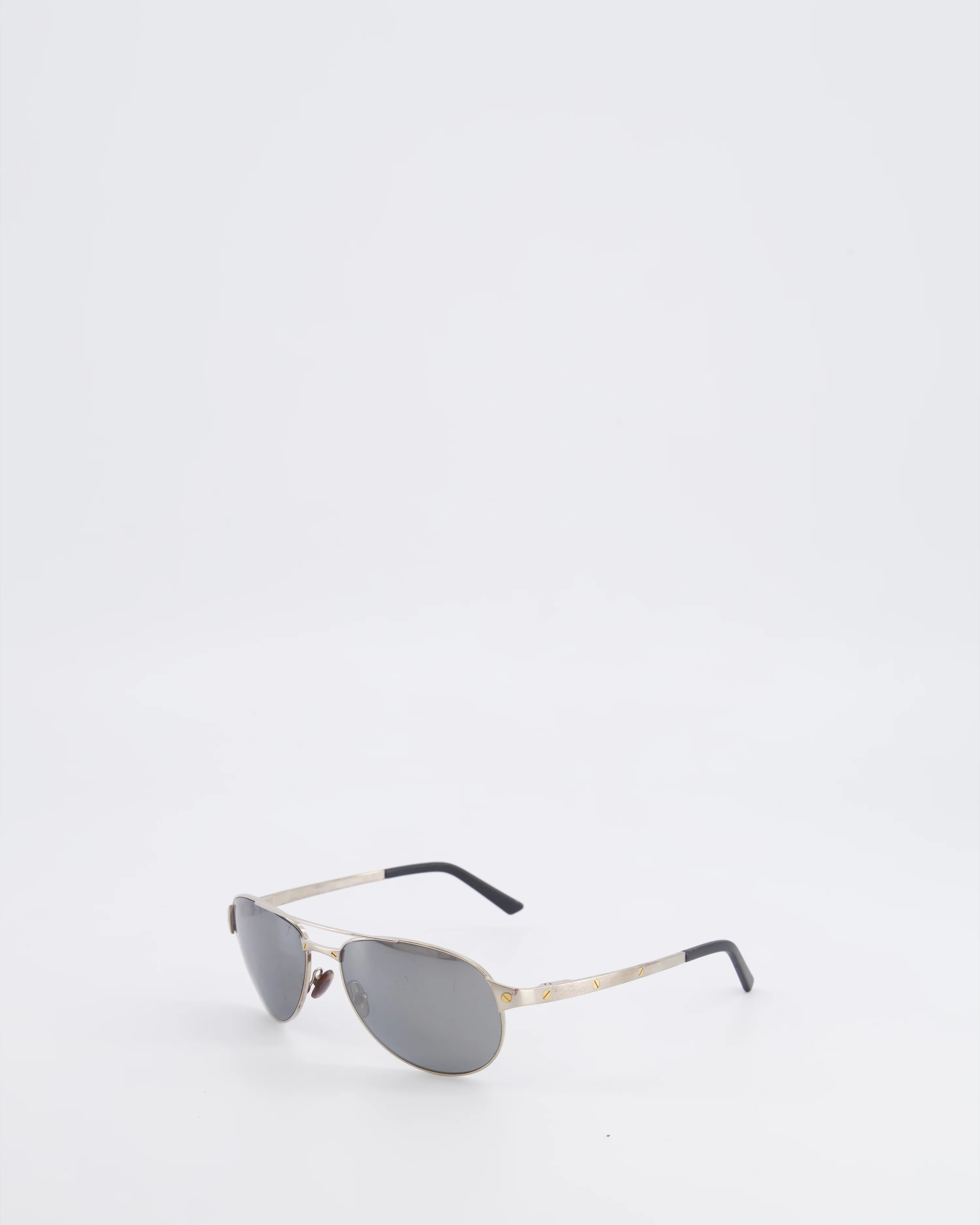 Cartier Brushed Silver Santos Aviator Sunglasses with Gold Screws and Silver Reflective Lenses - Image 3
