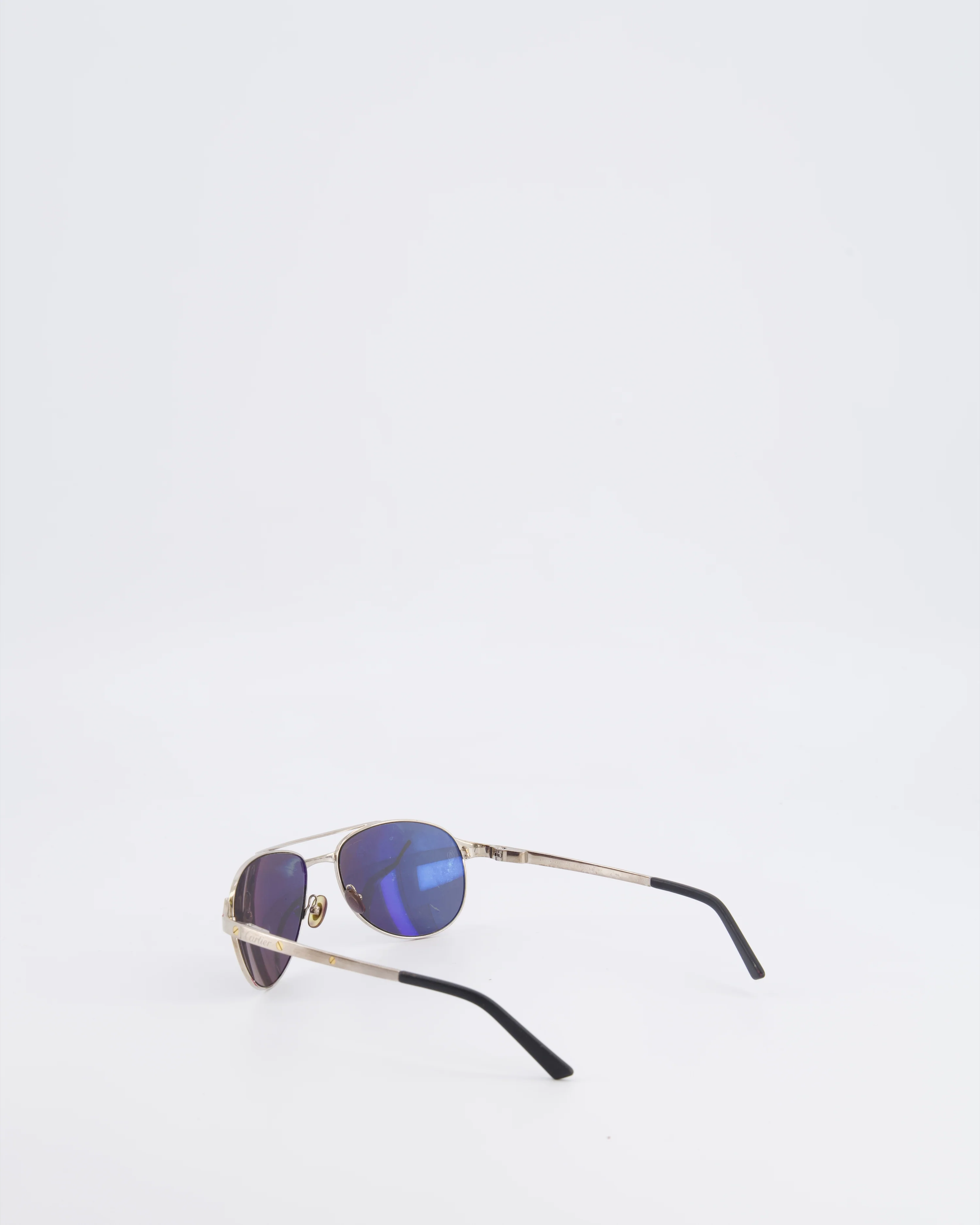 Cartier Brushed Silver Santos Aviator Sunglasses with Gold Screws and Silver Reflective Lenses - Image 5