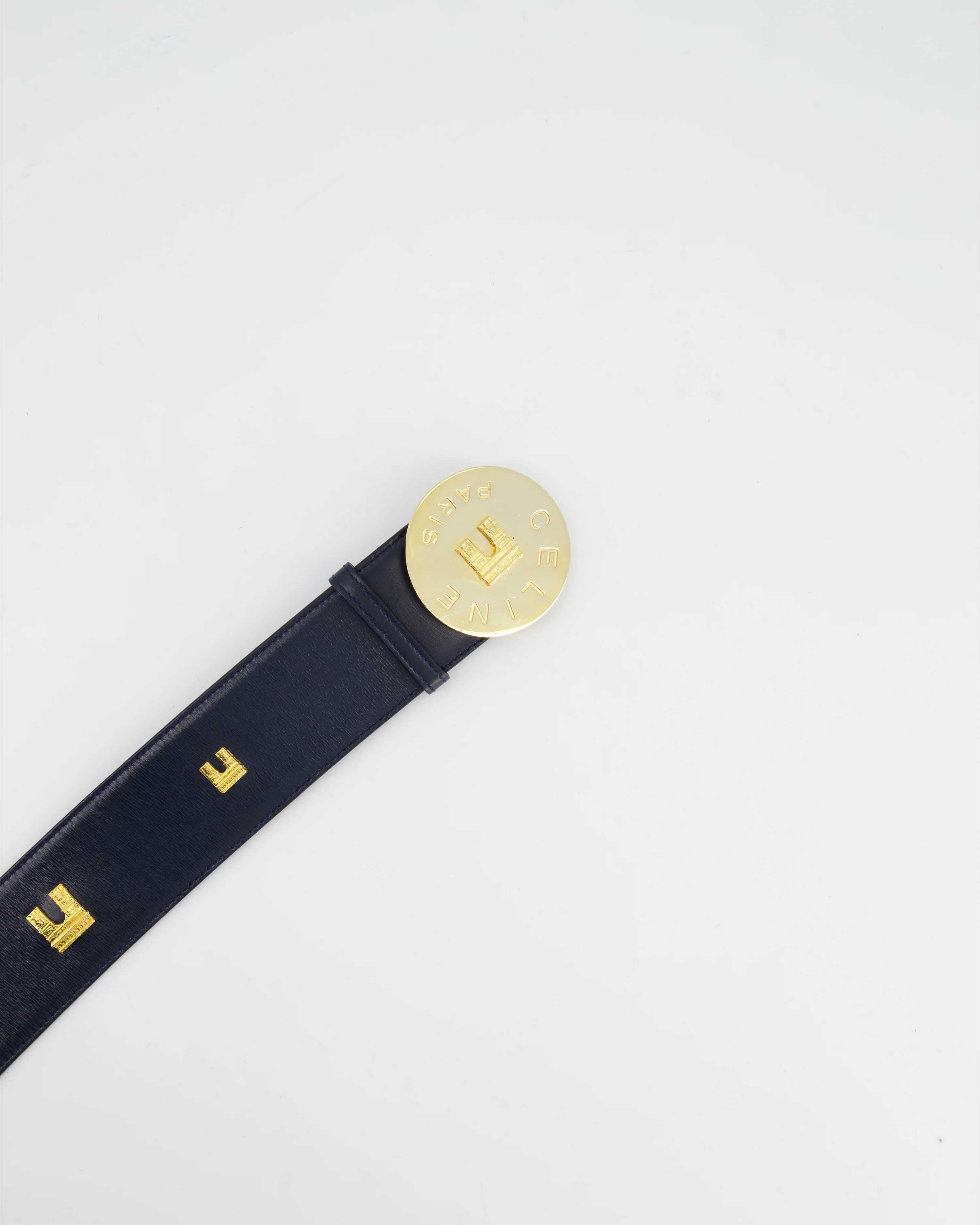 Celine 70cm Navy Blue Vintage Belt with Gold Arc de Triomphe Detailing - Image 3
