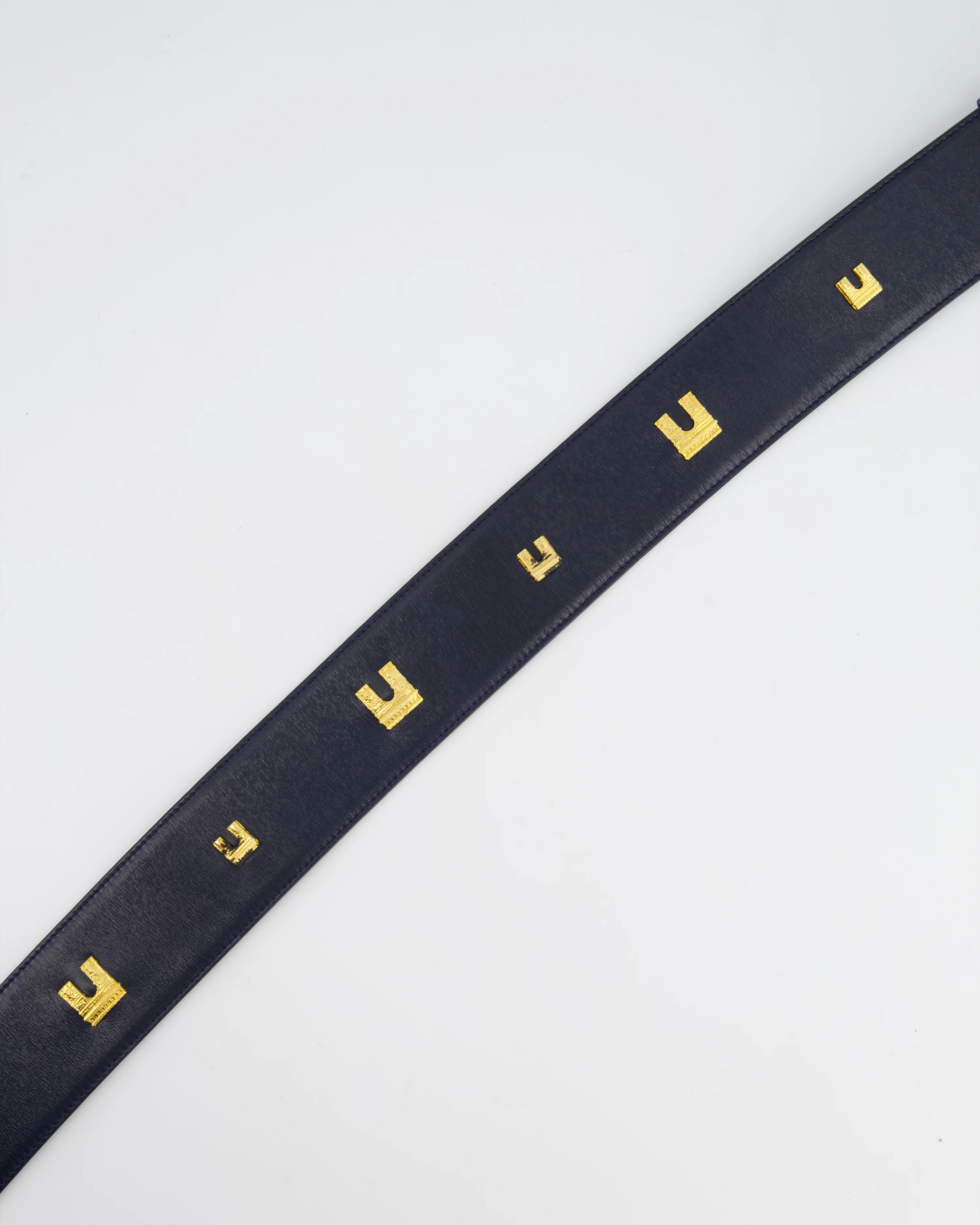 Celine 70cm Navy Blue Vintage Belt with Gold Arc de Triomphe Detailing - Image 4