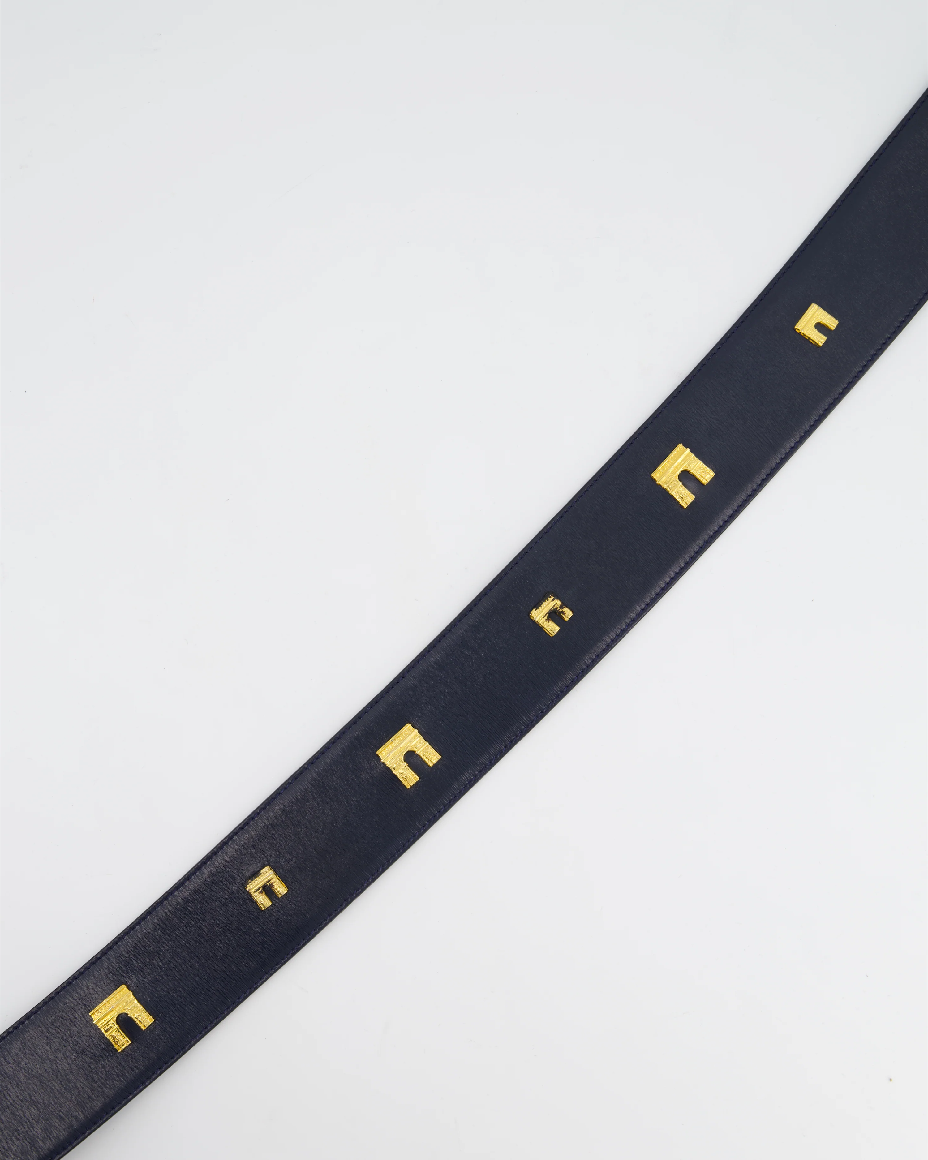 Celine 70cm Navy Blue Vintage Belt with Gold Arc de Triomphe Detailing - Image 5