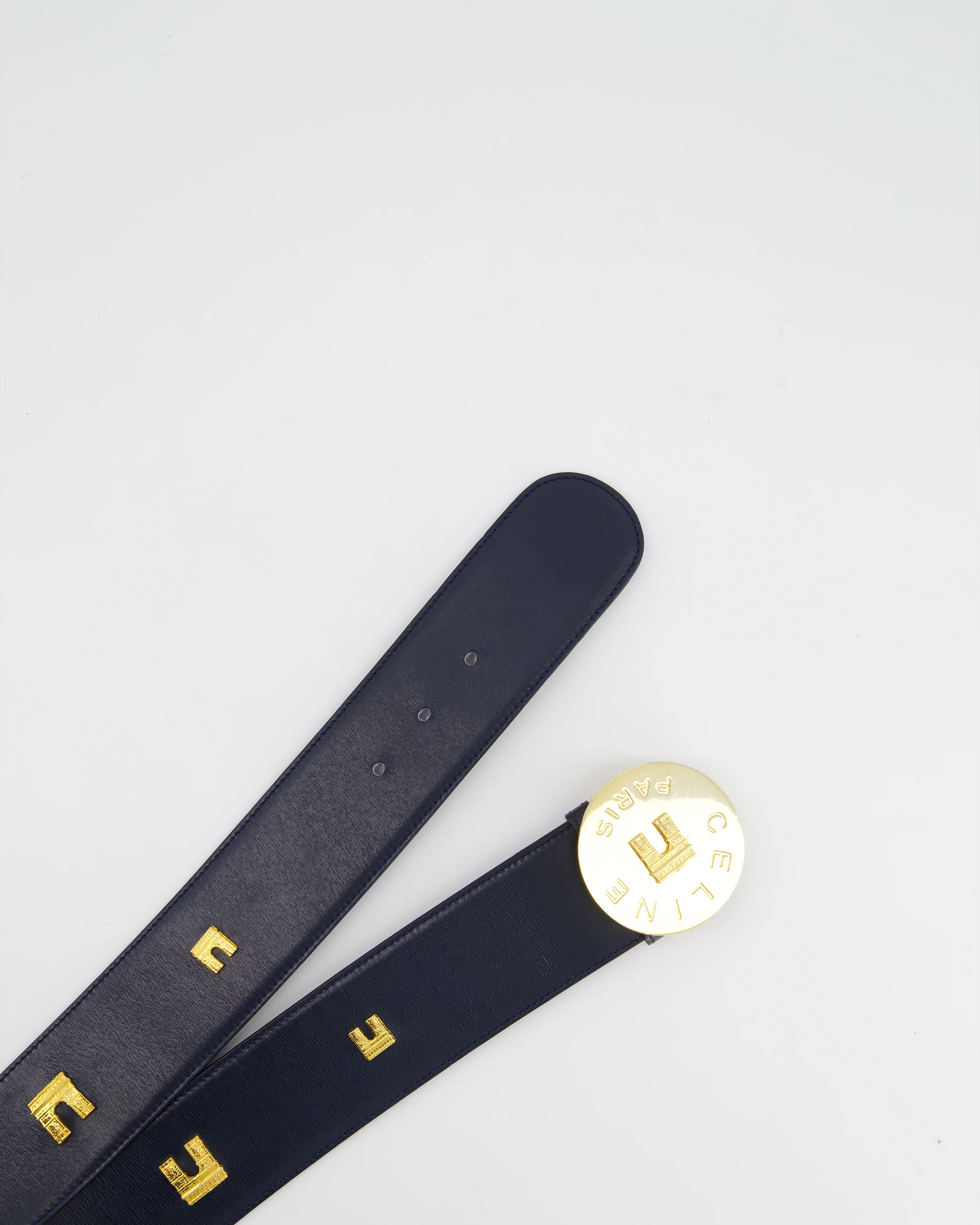Celine 70cm Navy Blue Vintage Belt with Gold Arc de Triomphe Detailing - Image 6