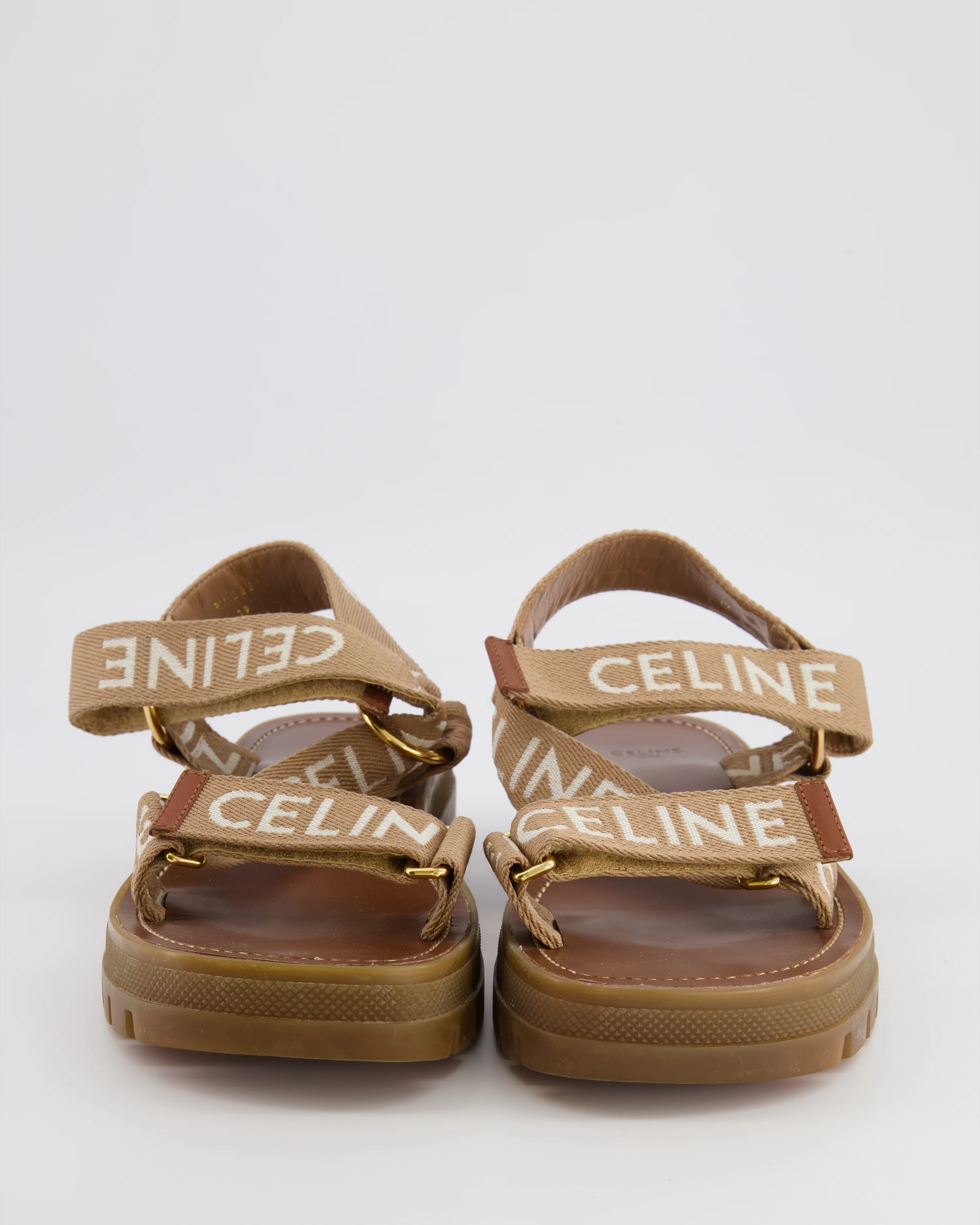 Celine Beige Leo Strappy Sandals with White Logo Embroideries and Gold Hardware Size EU 39 - Image 4