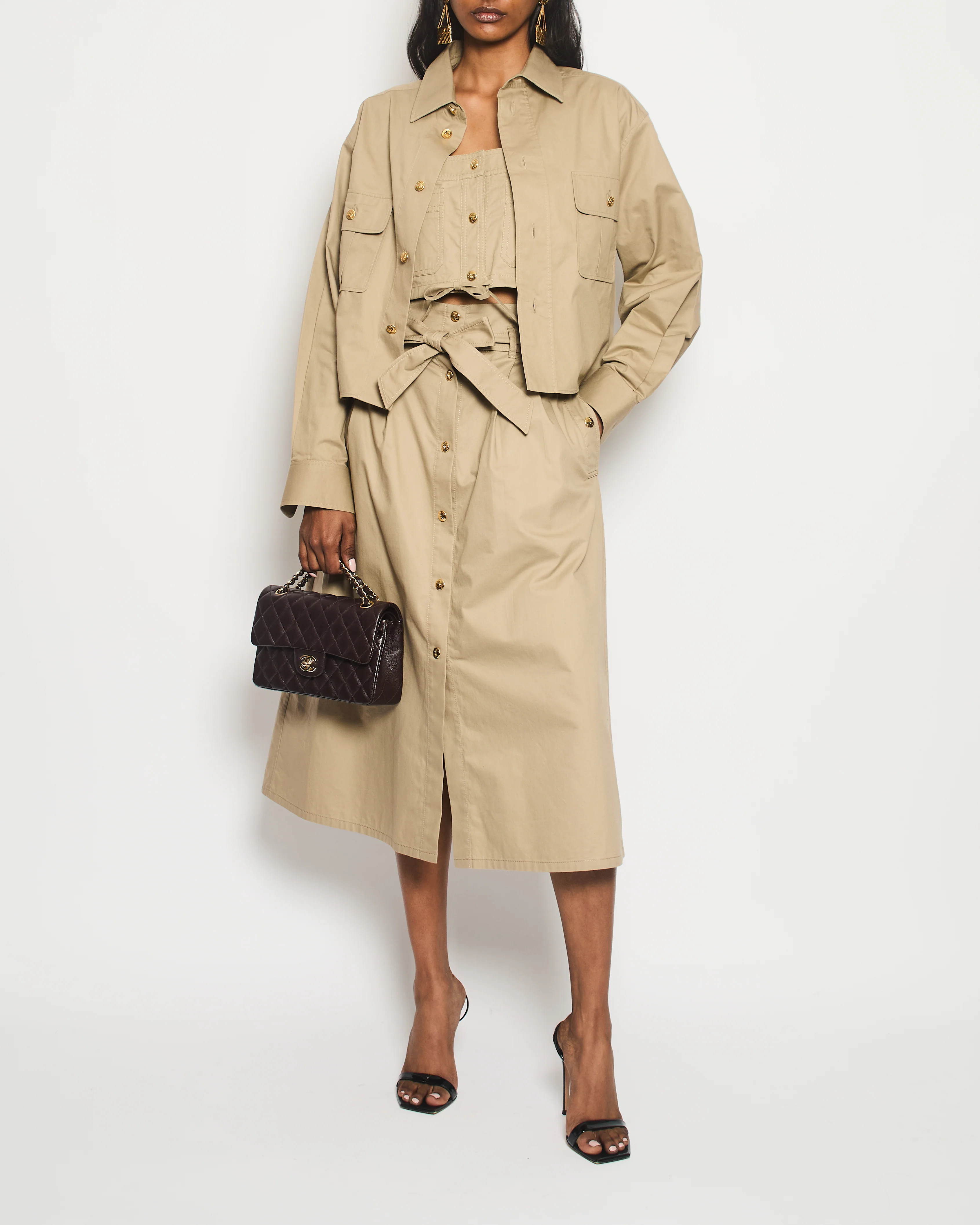 Celine Beige Military Jacket with Matching Top and Skirt Size FR 34/36 (UK 6/8)