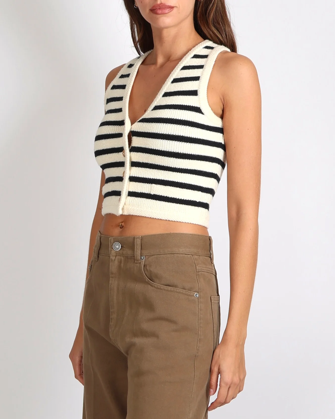 Celine Black and Ecru Striped Wool Sleeveless Vest Top with Gold Buttons Size XS (UK 6) - Image 2