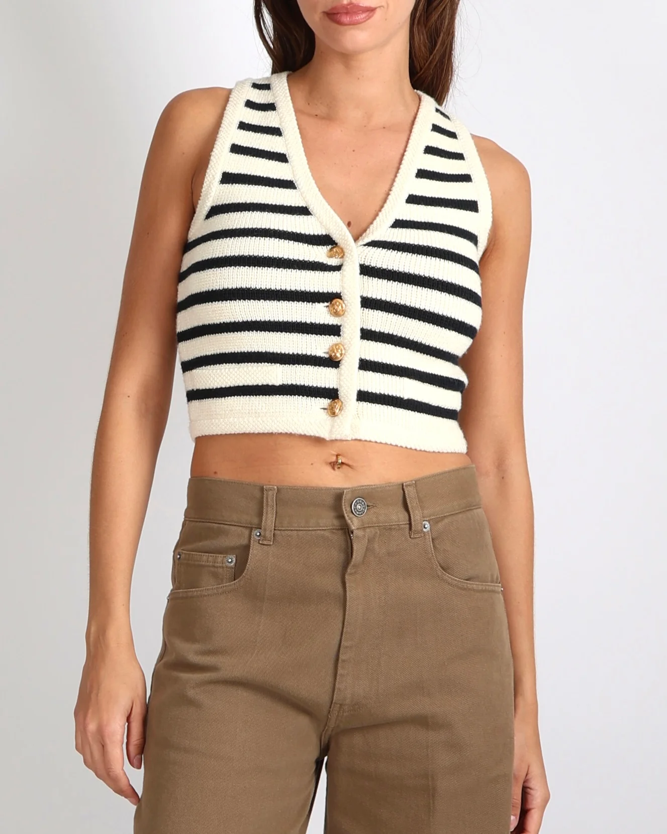 Celine Black and Ecru Striped Wool Sleeveless Vest Top with Gold Buttons Size XS (UK 6) - Image 4