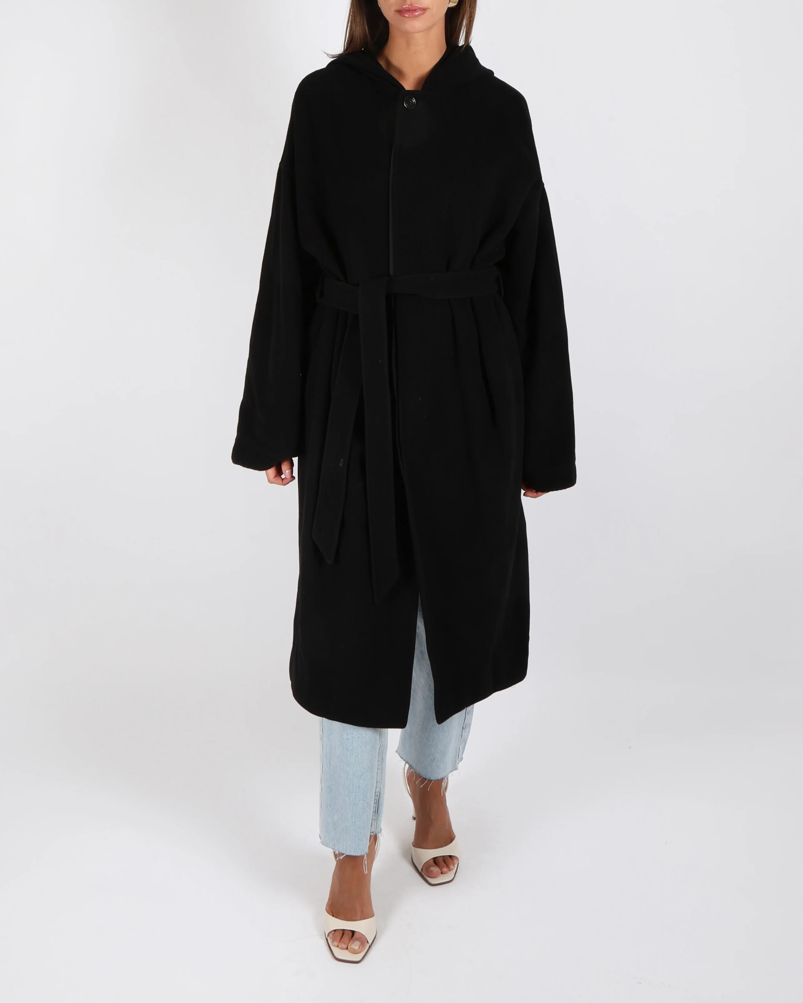 Celine Black Cashmere Hooded Coat with Belt Size FR 38 (UK 10)