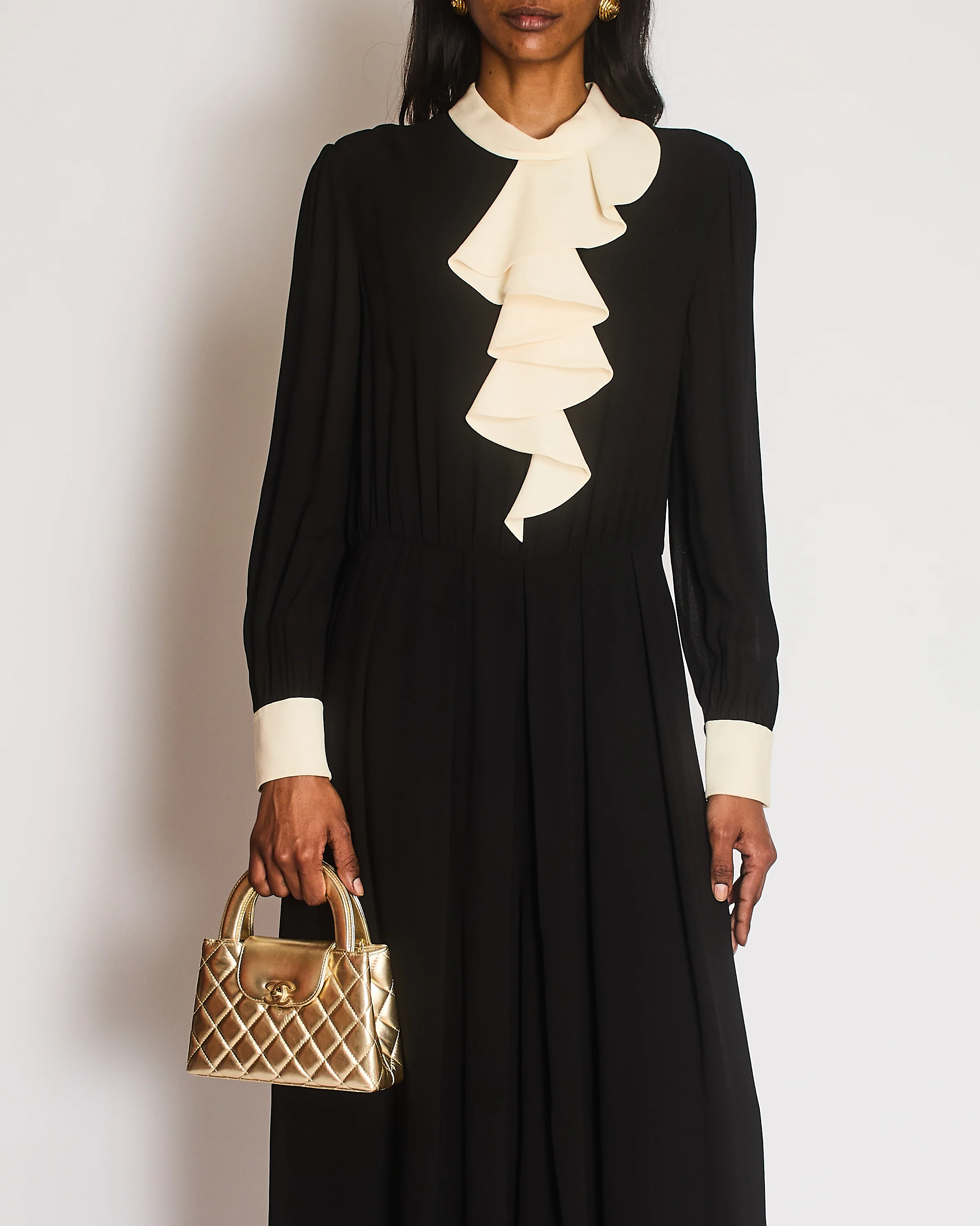 Celine Black Long Sleeve Jumpsuit with Neck Ruffle Detail Size FR 40 (UK 12)