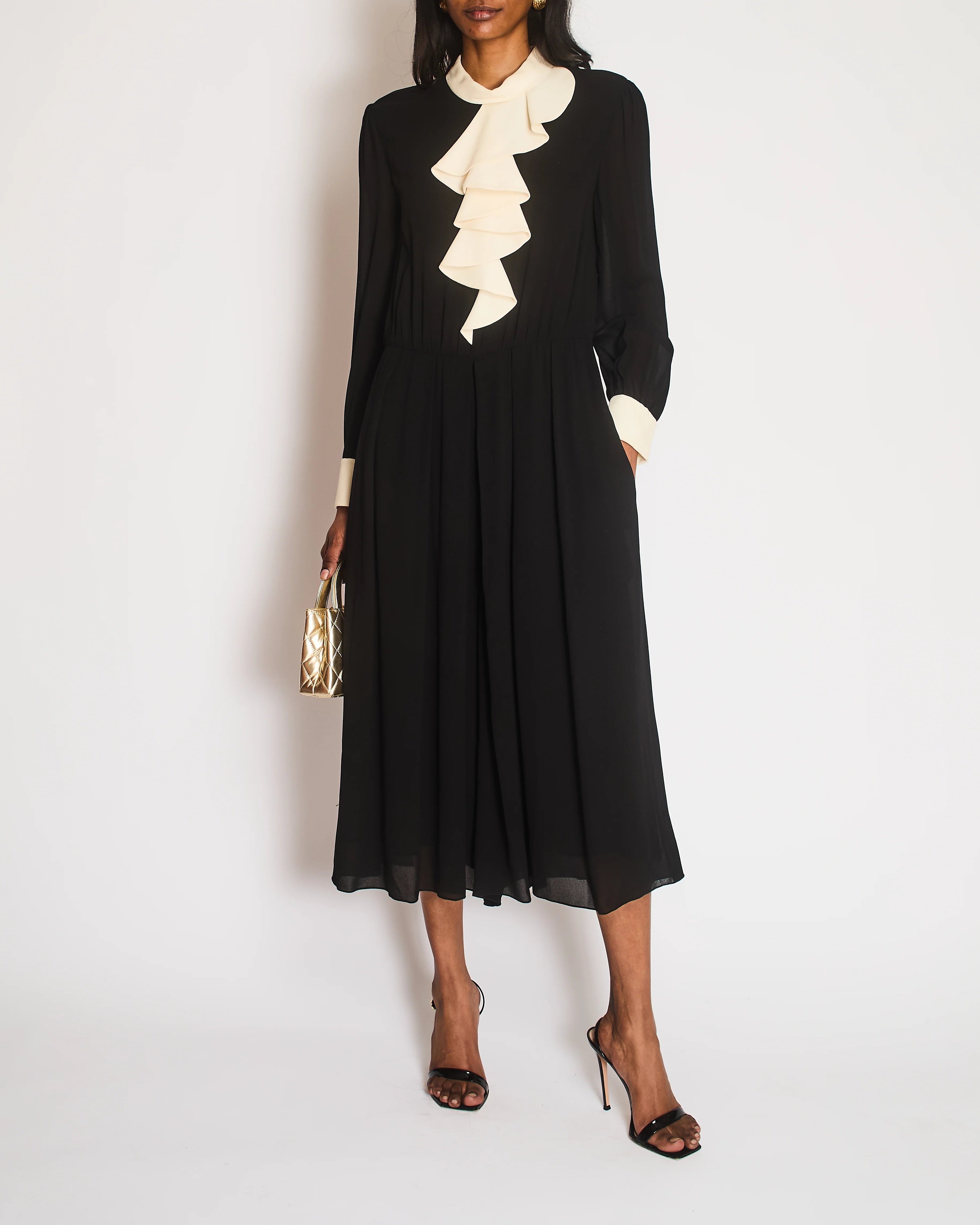 Celine Black Long Sleeve Jumpsuit with Neck Ruffle Detail Size FR 40 (UK 12) - Image 4