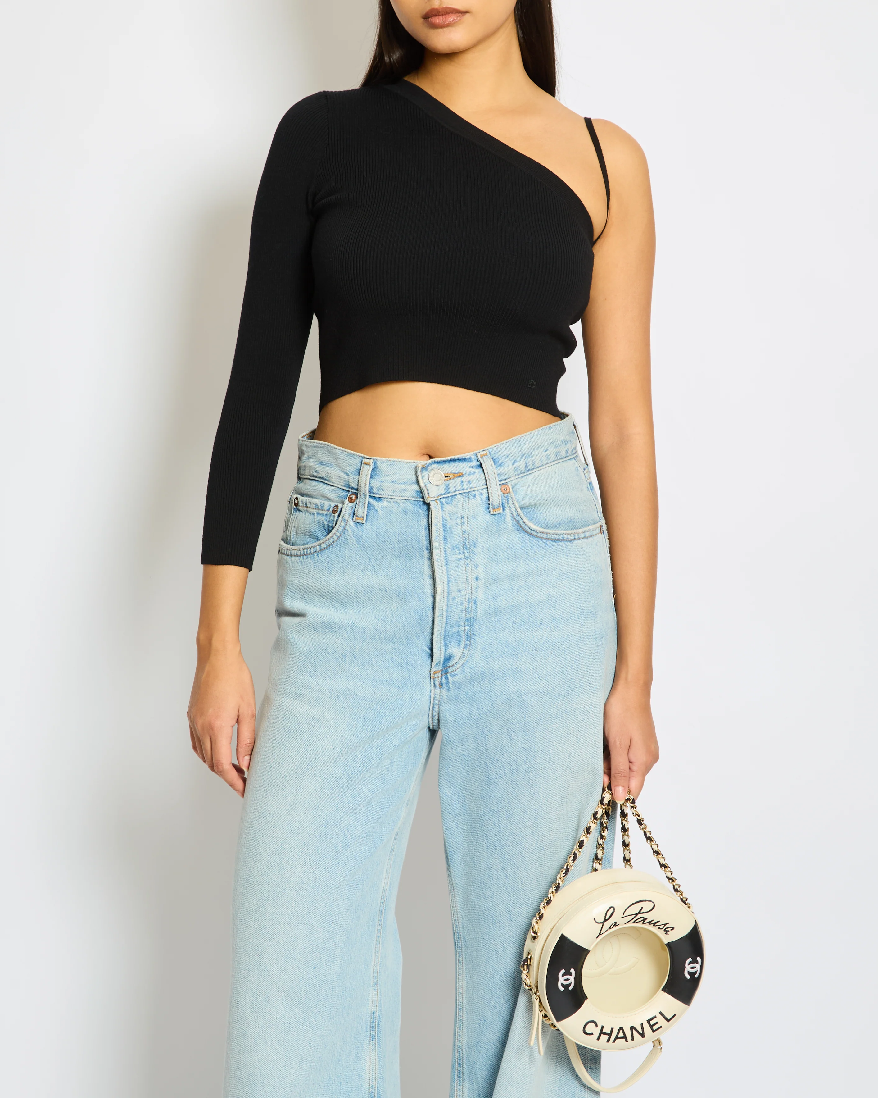 Celine Black Ribbed Asymmetric One-Shoulder Top XS UK 6