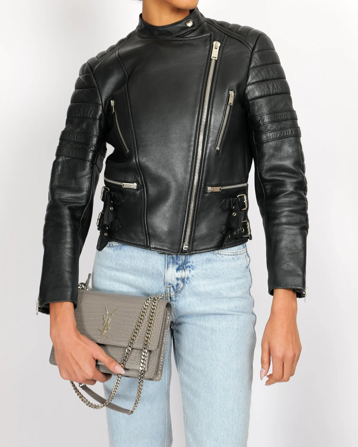 Céline Black Sheepskin Leather Jacket with Silver Zipper and Buckles Details Size FR 40 (UK 12) - Image 2