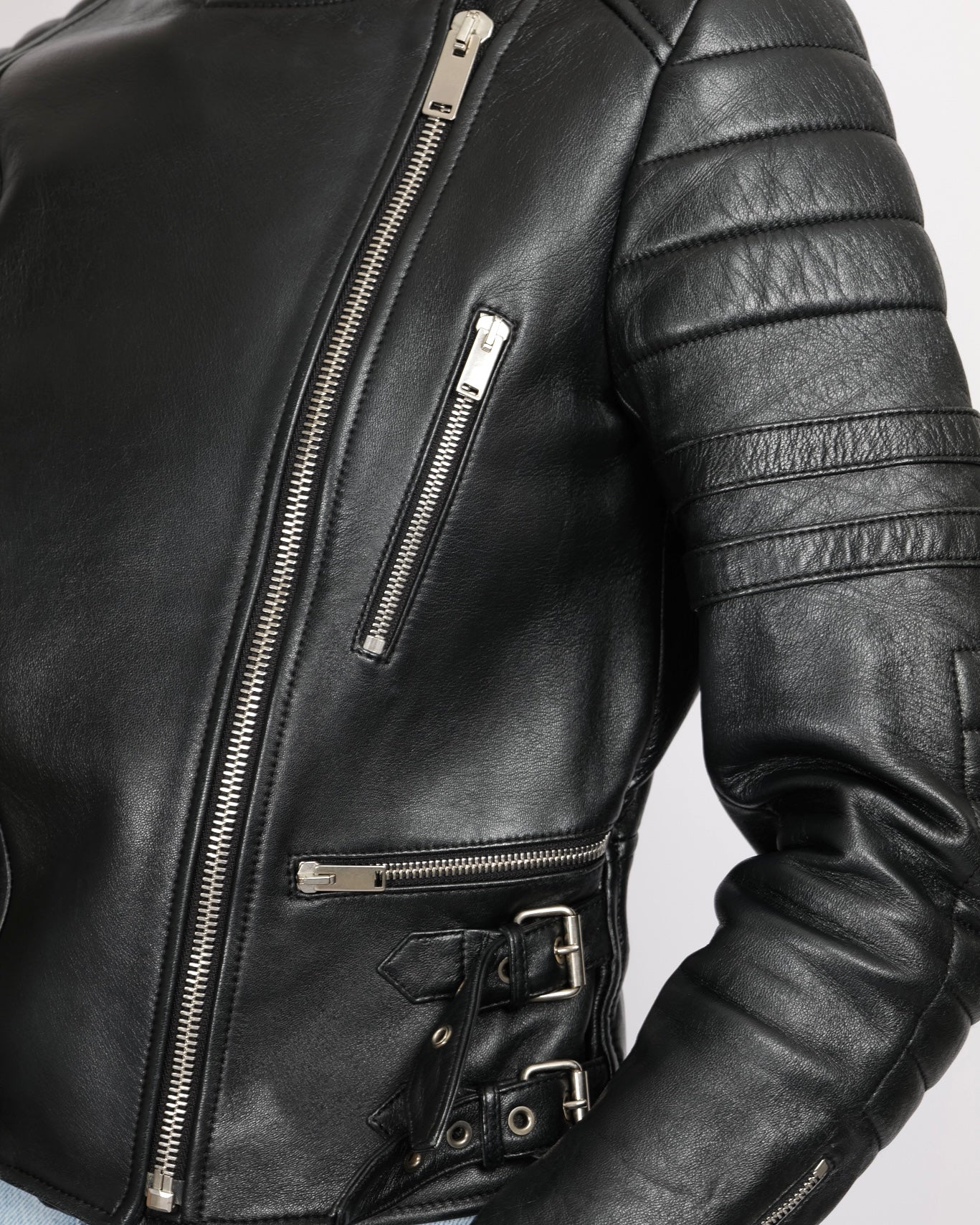 Céline Black Sheepskin Leather Jacket with Silver Zipper and Buckles Details Size FR 40 (UK 12) - Image 3