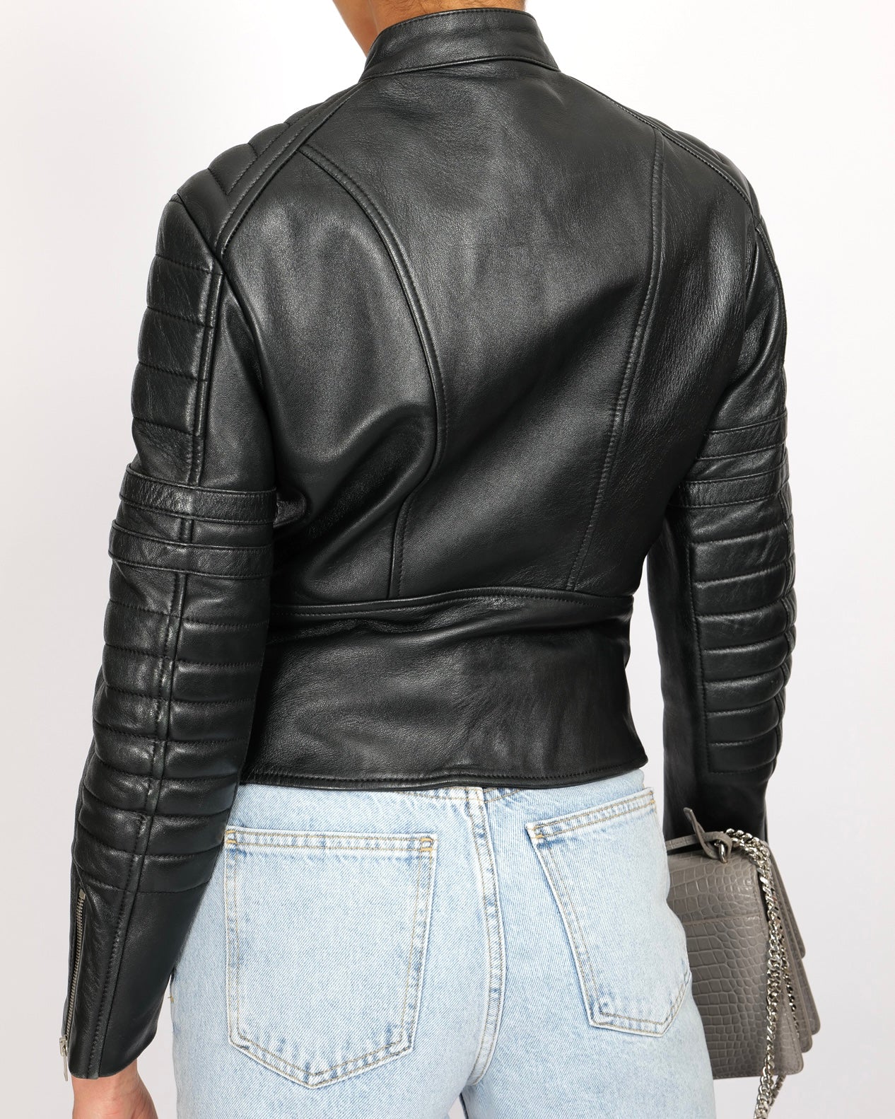 Céline Black Sheepskin Leather Jacket with Silver Zipper and Buckles Details Size FR 40 (UK 12) - Image 4