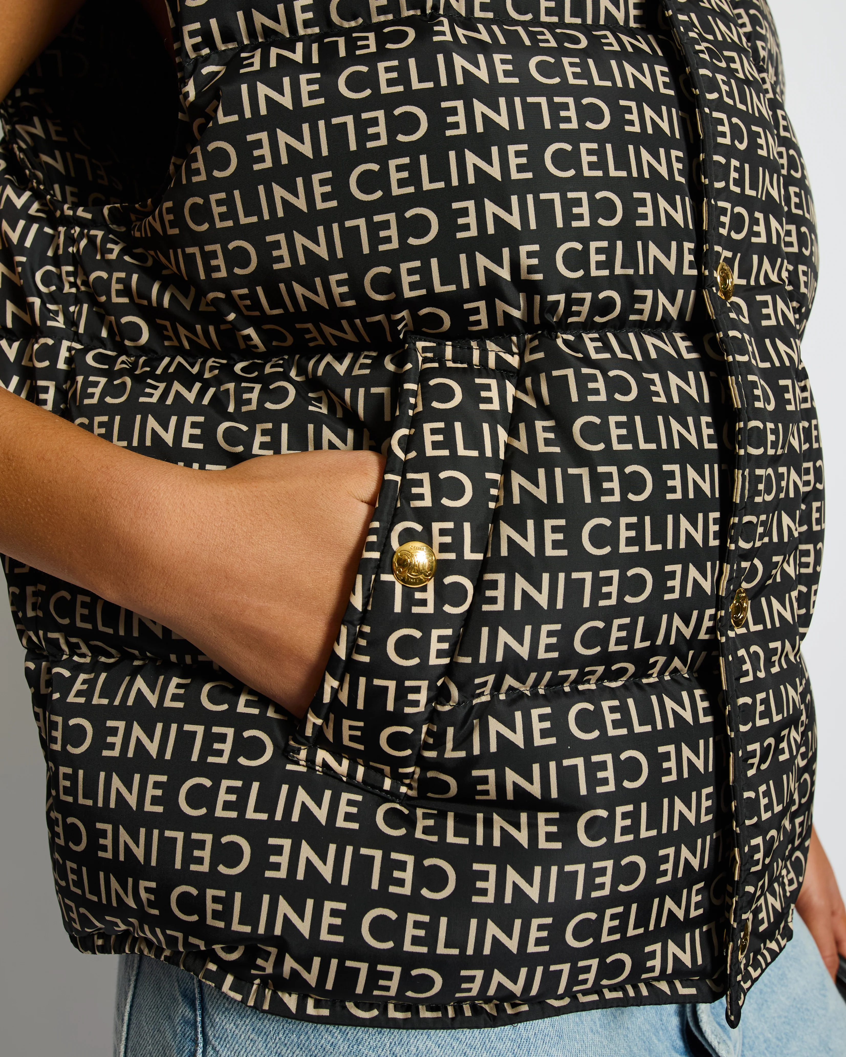 Celine Black and Beige Sleeveless Puffer Jacket with Logo Prints Size XS (UK 6) - Image 3