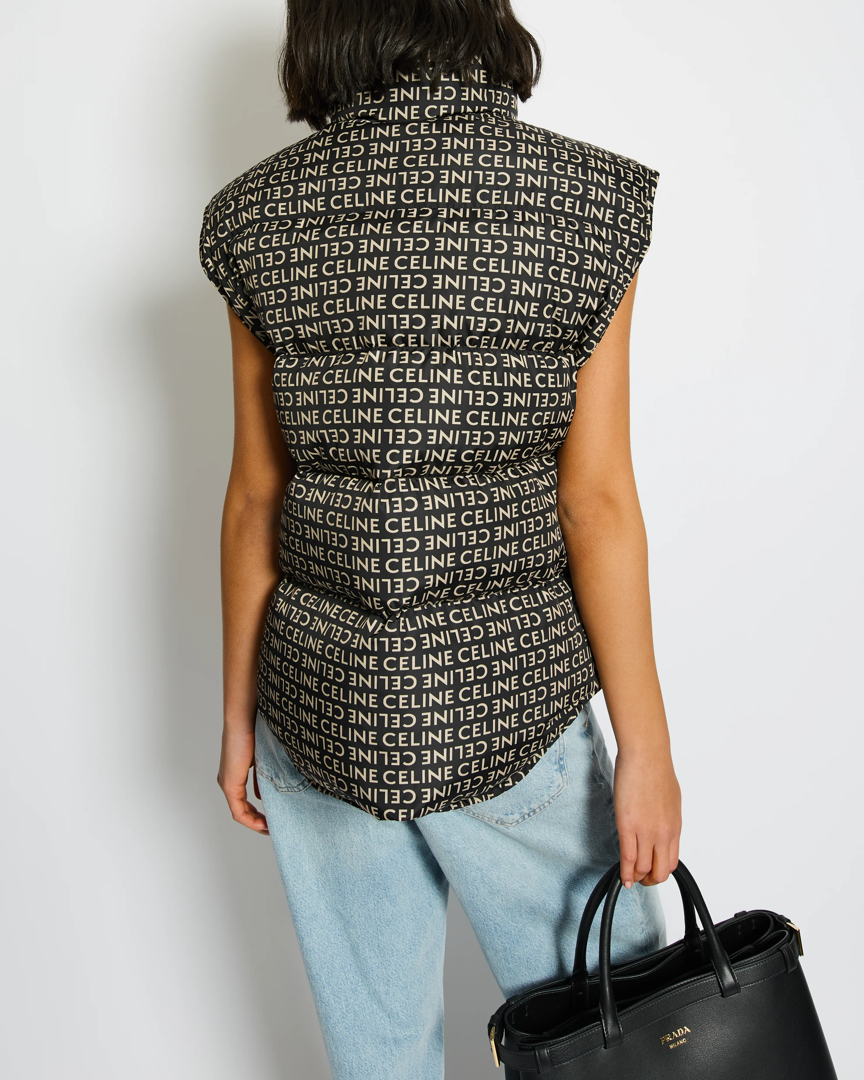 Celine Black and Beige Sleeveless Puffer Jacket with Logo Prints Size XS (UK 6) - Image 4