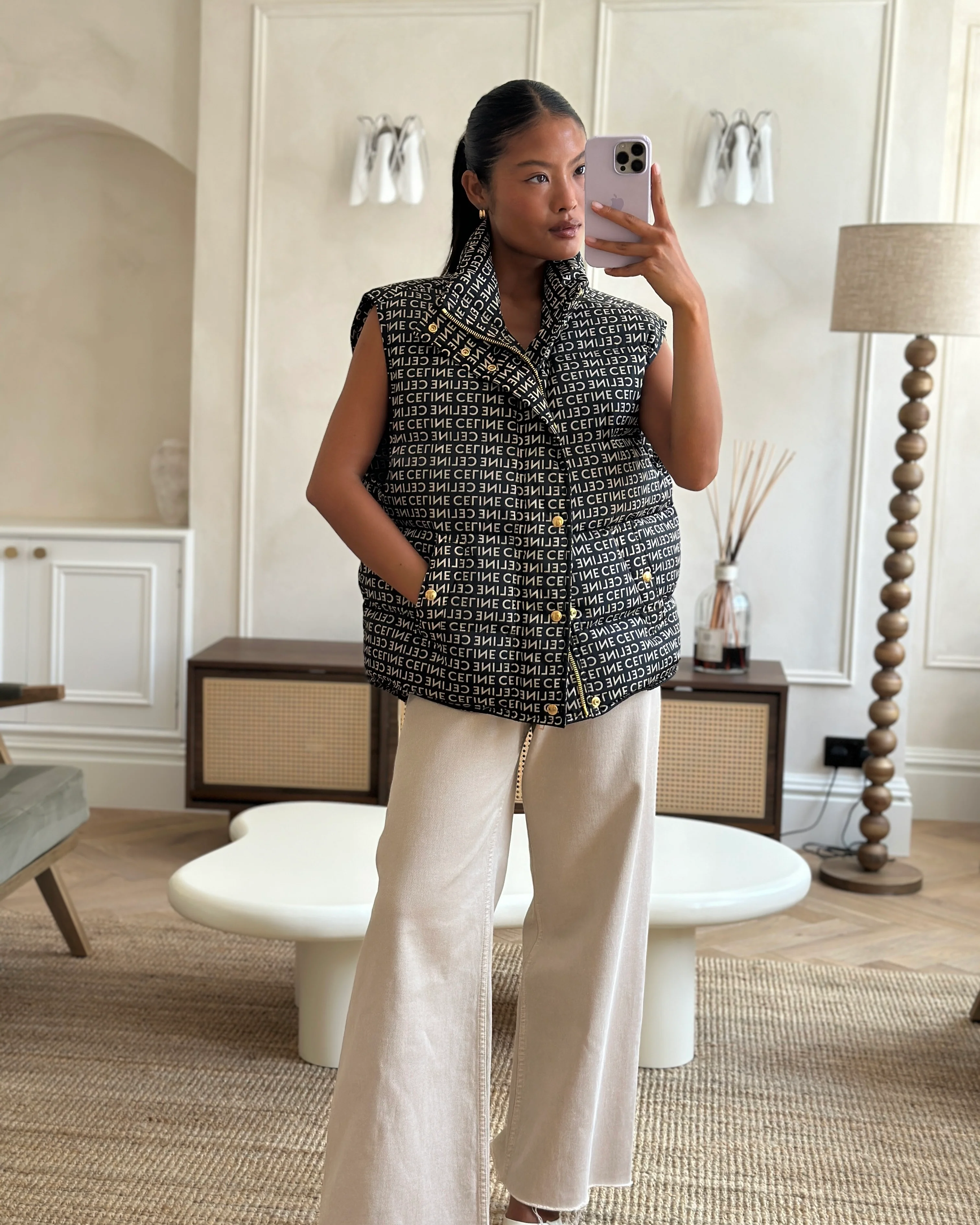 Celine Black and Beige Sleeveless Puffer Jacket with Logo Prints Size XS (UK 6) - Image 5