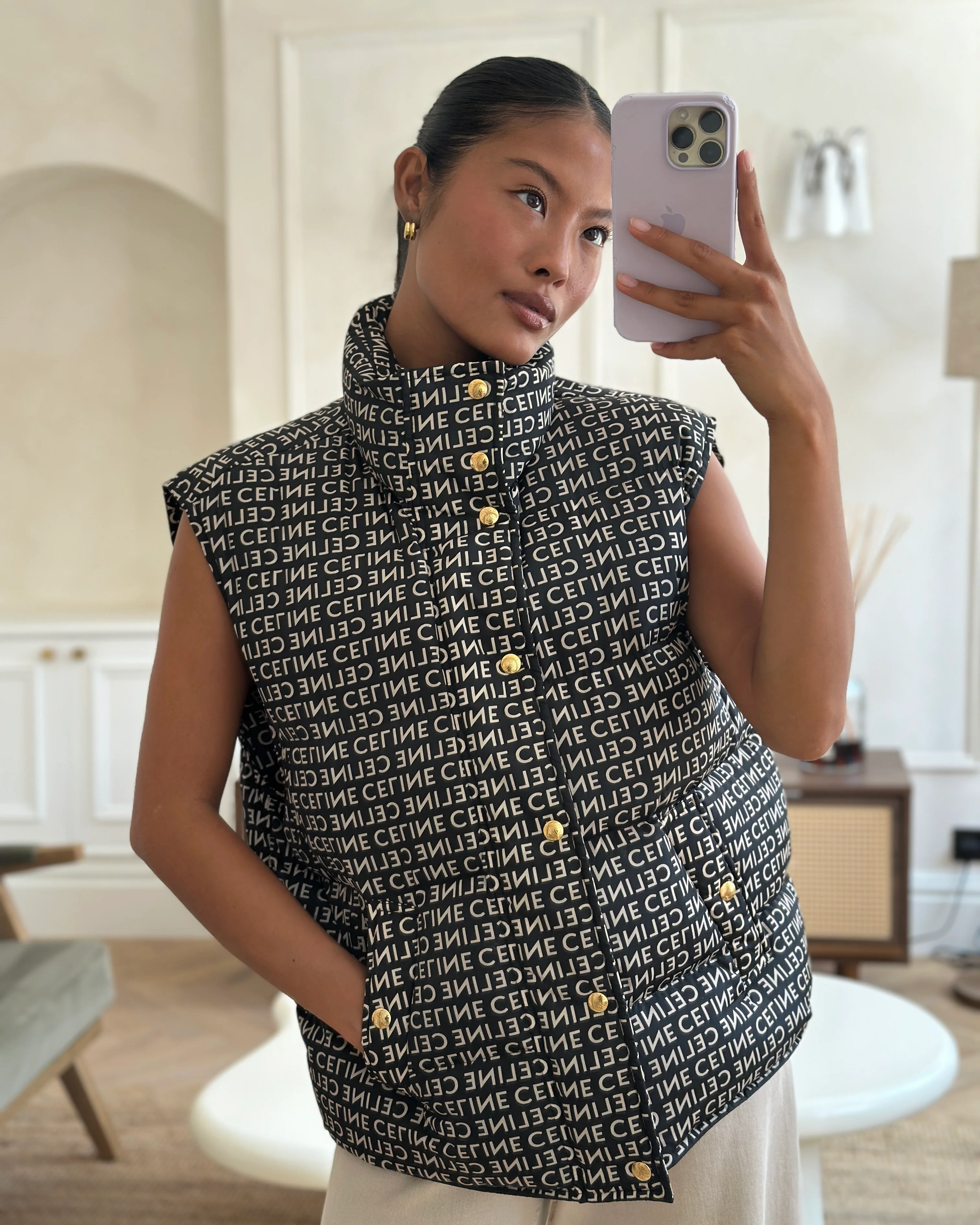 Celine Black and Beige Sleeveless Puffer Jacket with Logo Prints Size XS (UK 6) - Image 6