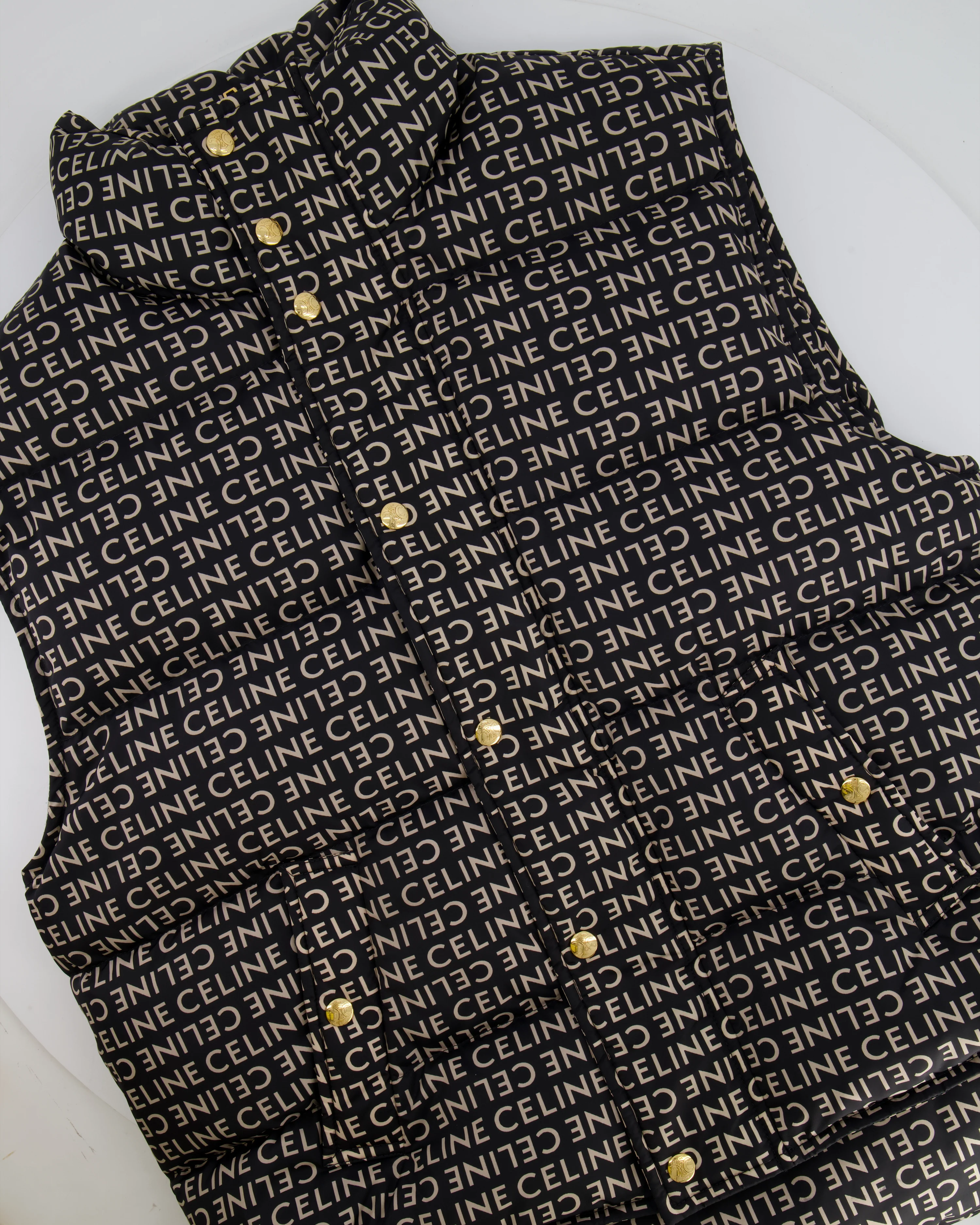Celine Black and Beige Sleeveless Puffer Jacket with Logo Prints Size XS (UK 6) - Image 7