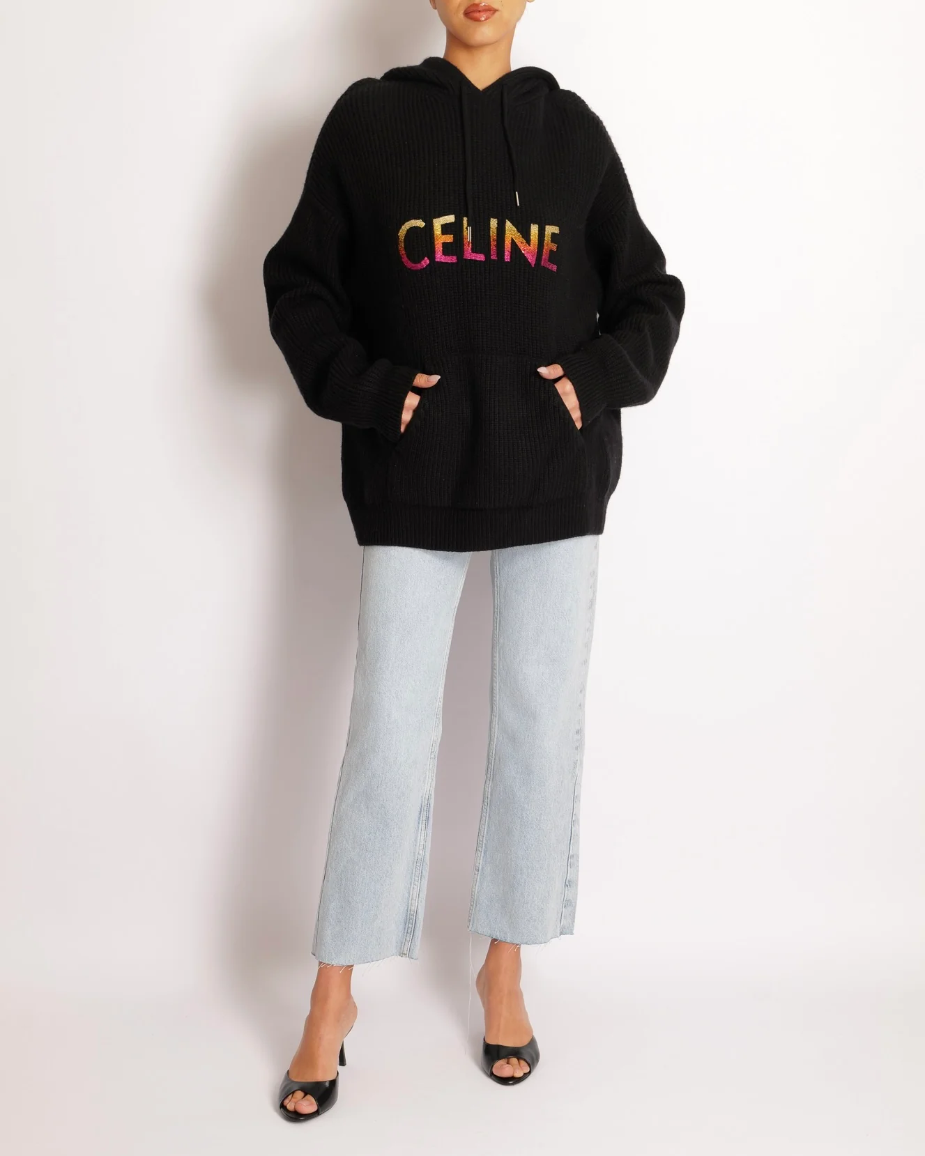 Celine Black Wool Knit Hooded Jumper with Multi-Colour Ombre Sequin Logo Size XS (UK 6) RRP £1,500 - Image 2