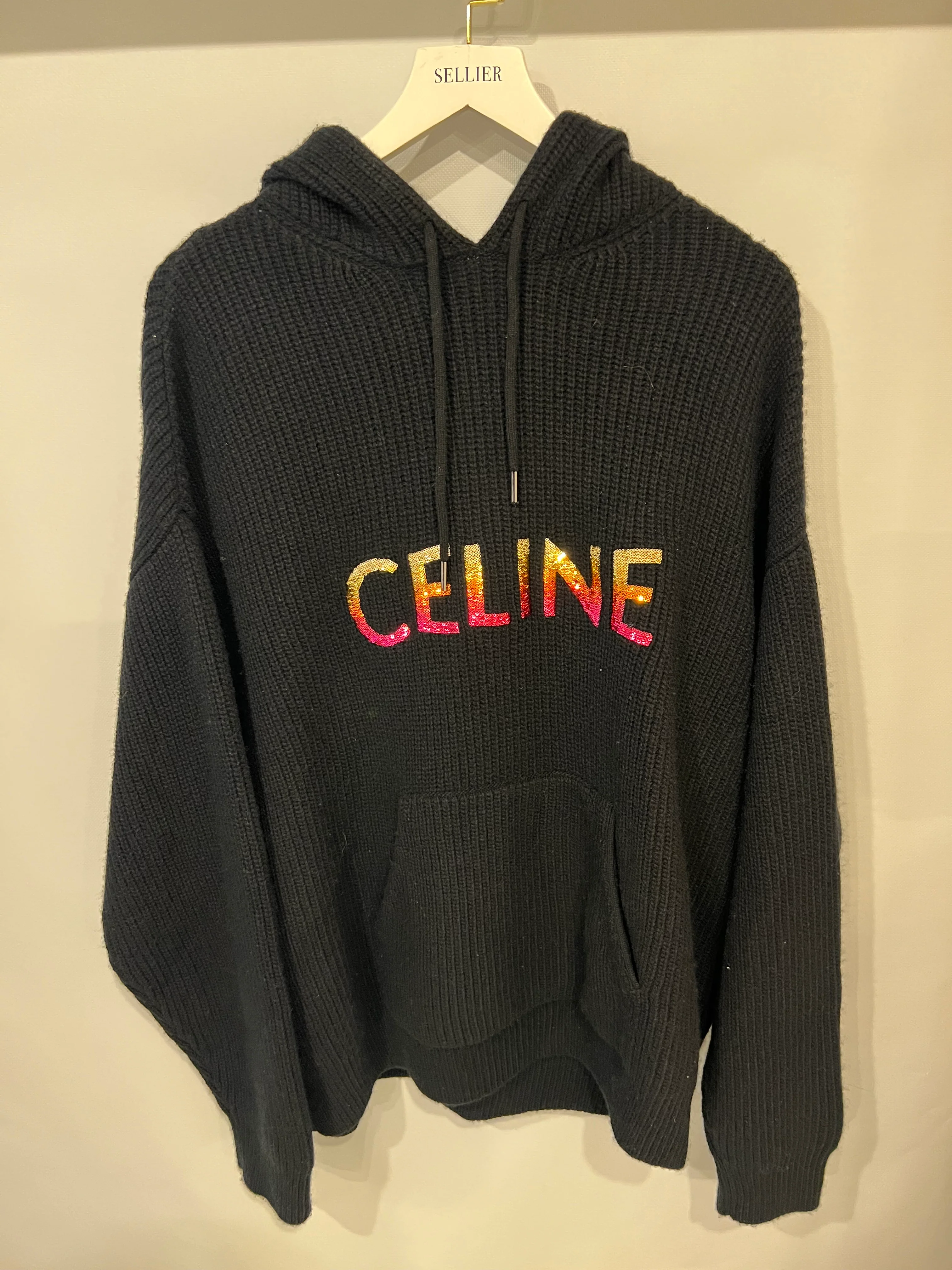 Celine Black Wool Knit Hooded Jumper with Multi-Colour Ombre Sequin Logo Size XS (UK 6) RRP £1,500 - Image 5