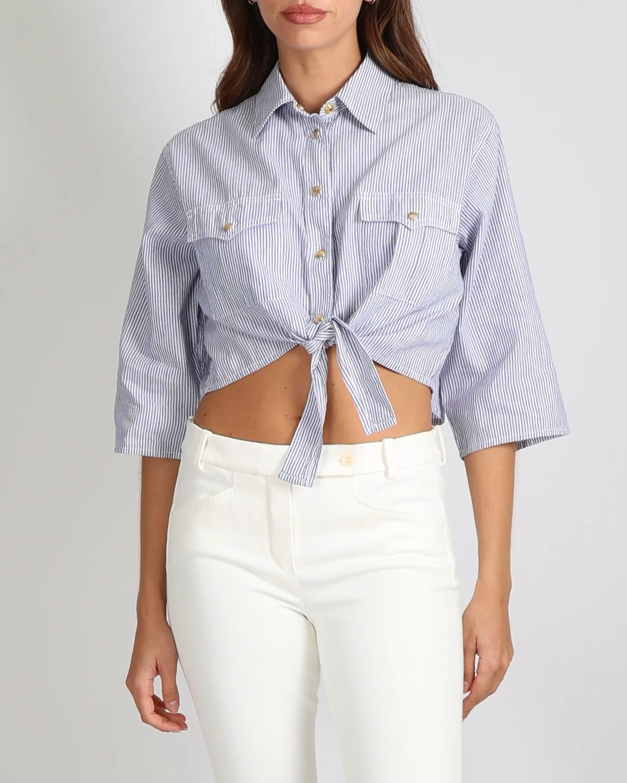 Celine Blue and White Linen and Cotton Blend Striped Cropped Shirt with Gold Buttons and Front Tie Detail Size XS (UK 6)