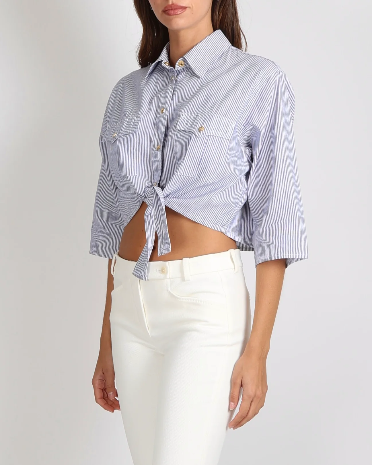 Celine Blue and White Linen and Cotton Blend Striped Cropped Shirt with Gold Buttons and Front Tie Detail Size XS (UK 6) - Image 2