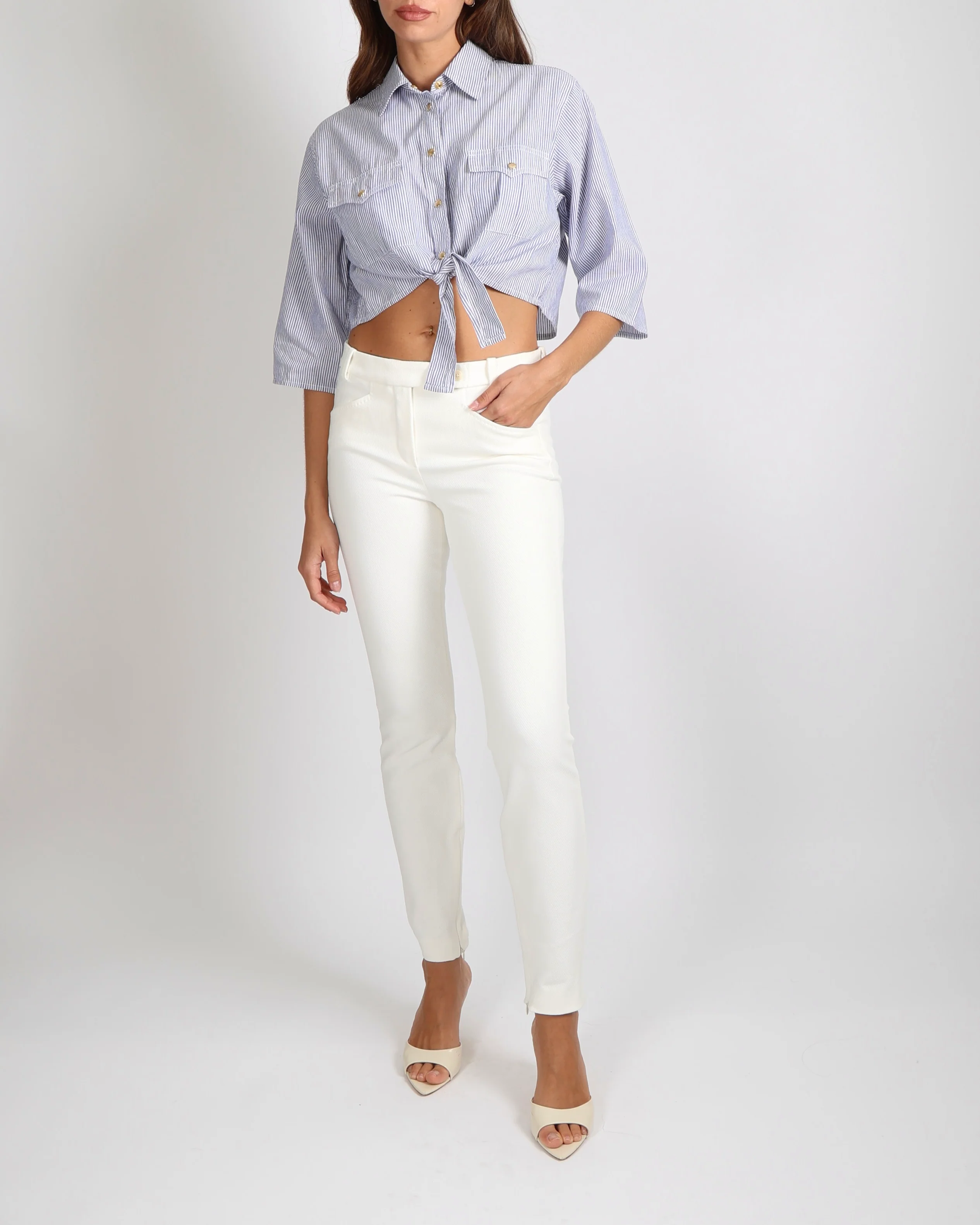 Celine Blue and White Linen and Cotton Blend Striped Cropped Shirt with Gold Buttons and Front Tie Detail Size XS (UK 6) - Image 3