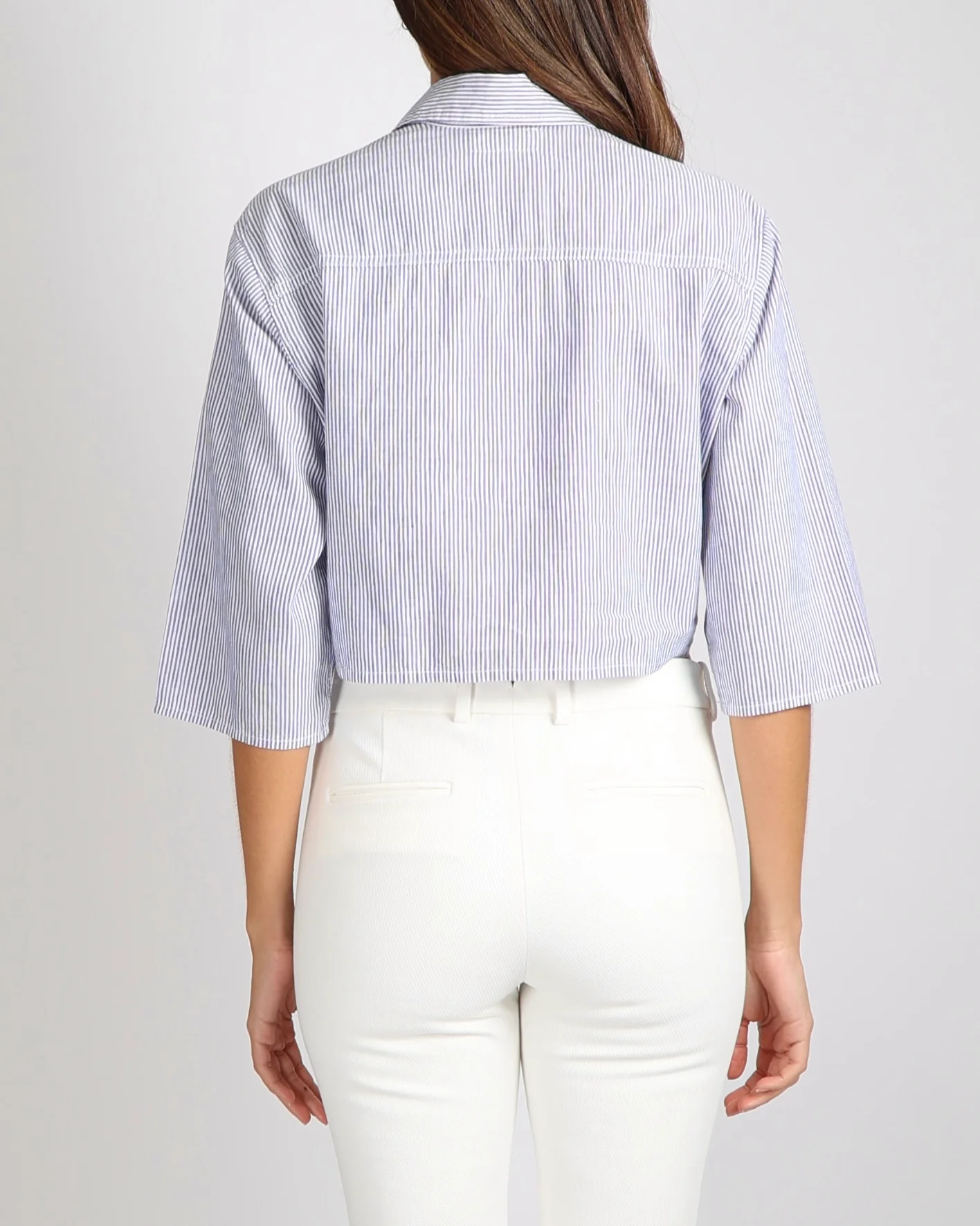 Celine Blue and White Linen and Cotton Blend Striped Cropped Shirt with Gold Buttons and Front Tie Detail Size XS (UK 6) - Image 4